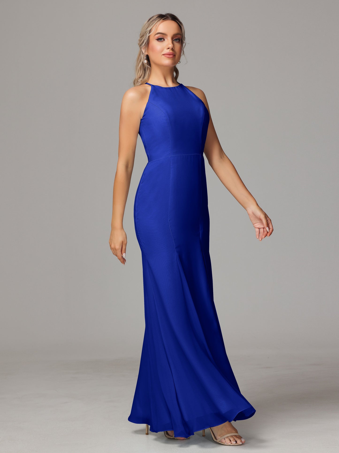 Halter Open Back Chiffon Bridesmaid Dress With Slit