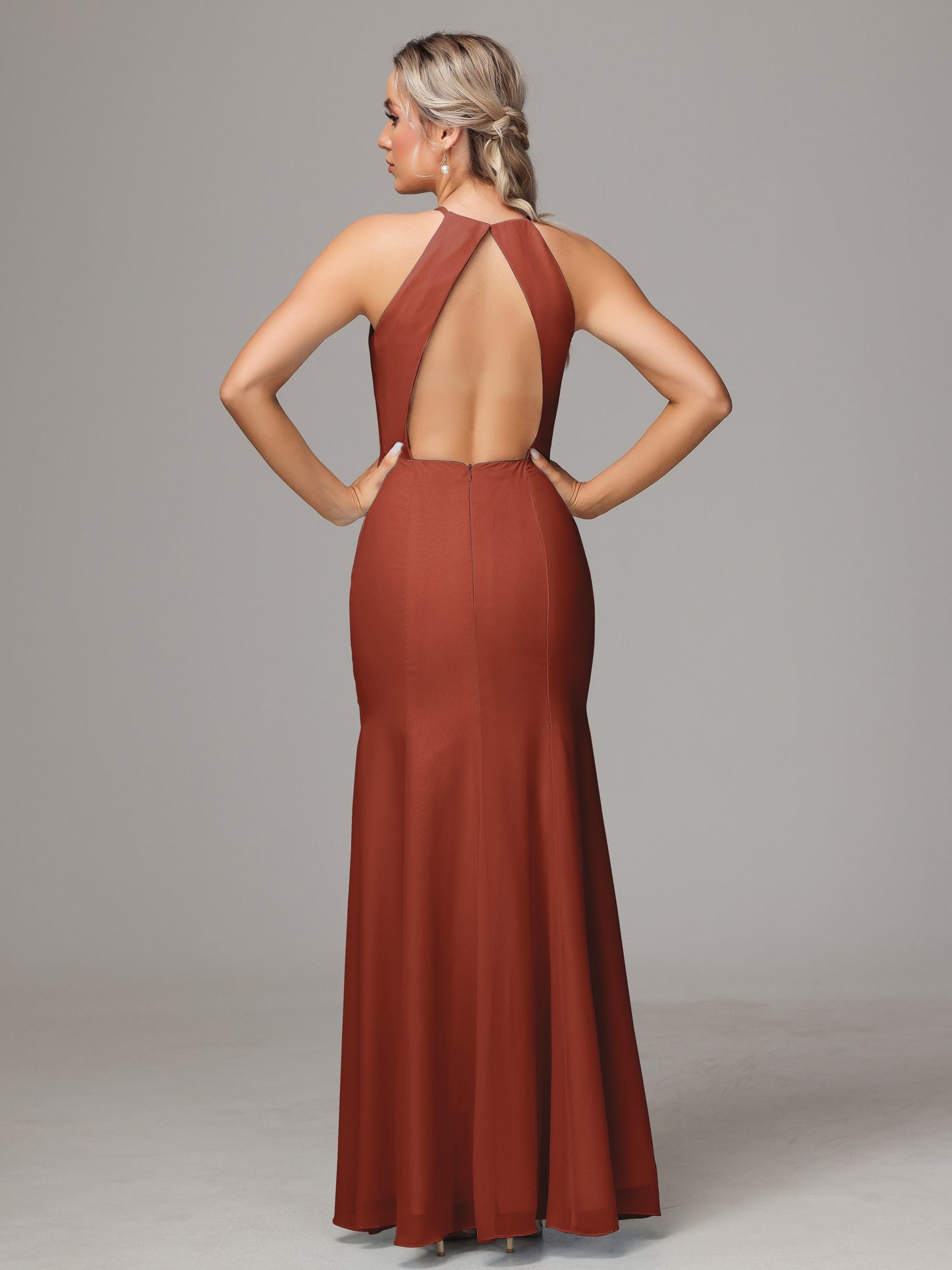 Halter Open Back Chiffon Bridesmaid Dress With Slit