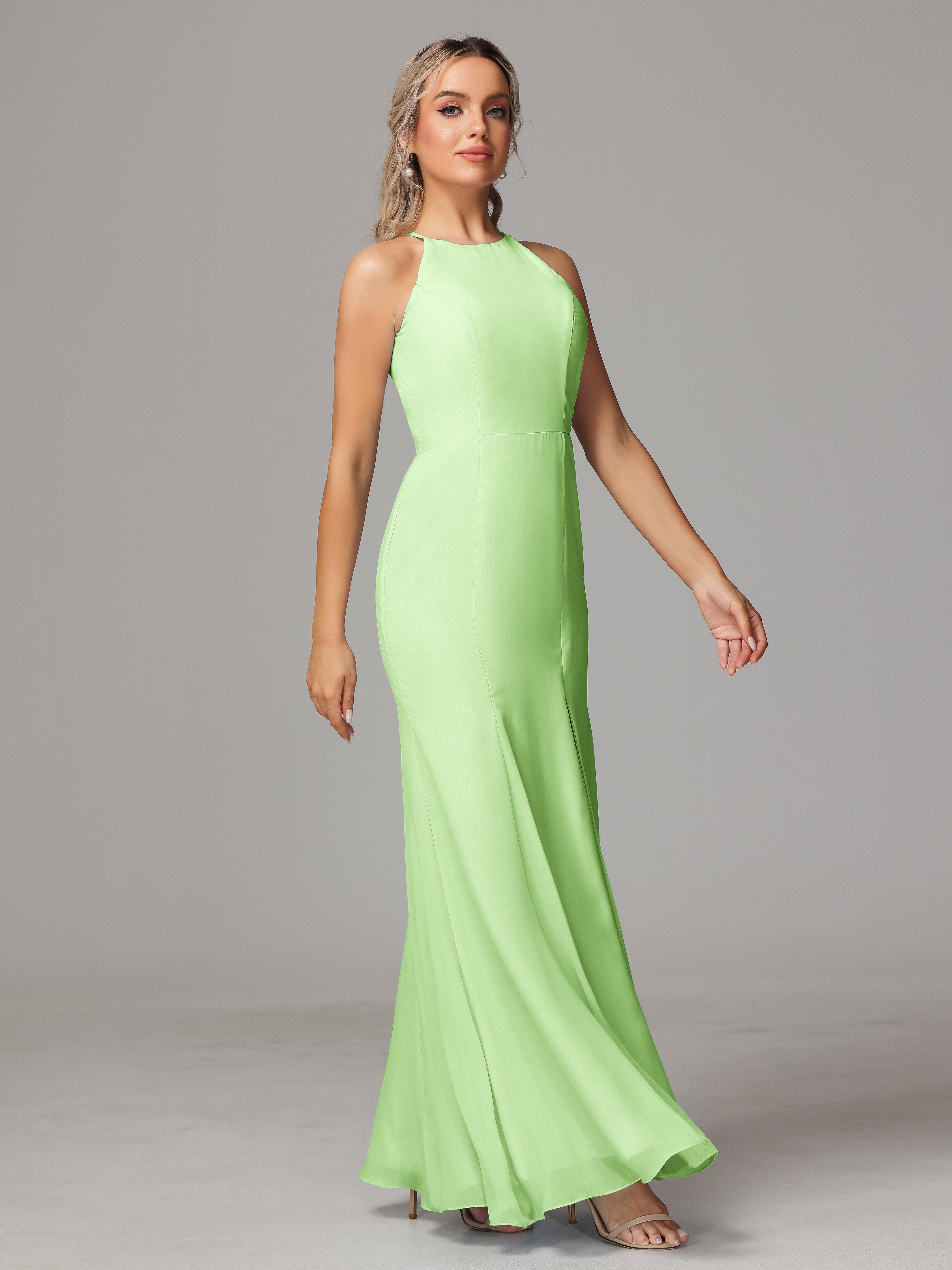Halter Open Back Chiffon Bridesmaid Dress With Slit