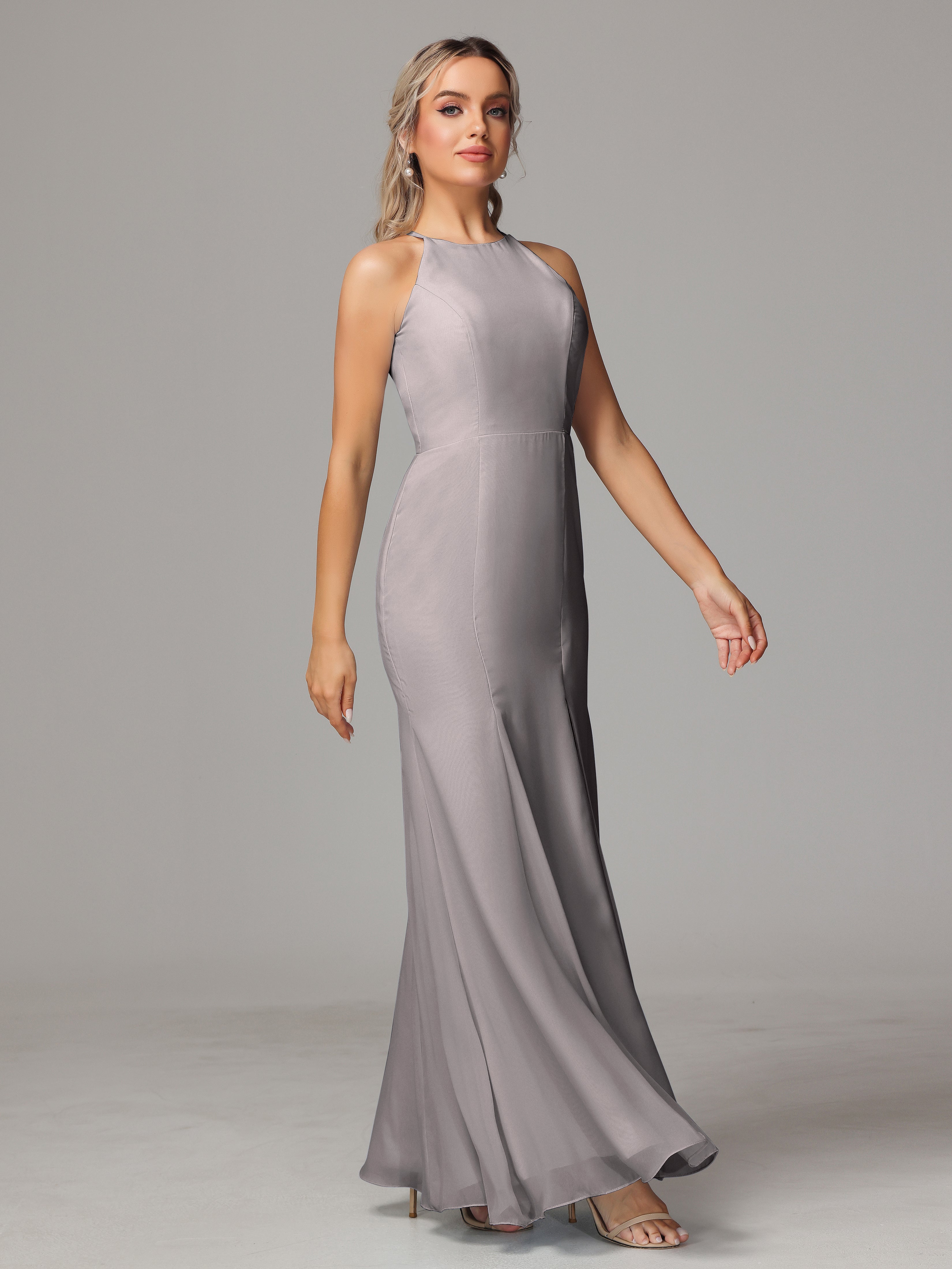 Halter Open Back Chiffon Bridesmaid Dress With Slit
