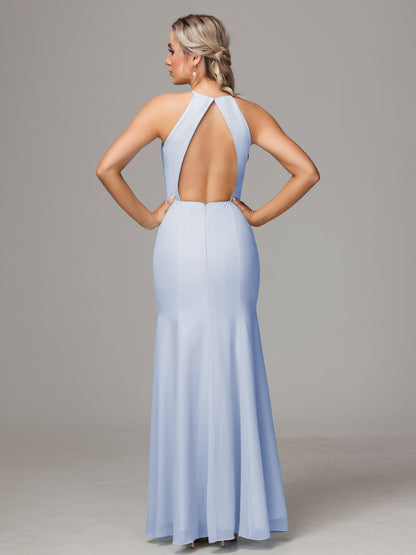 Halter Open Back Chiffon Bridesmaid Dress With Slit