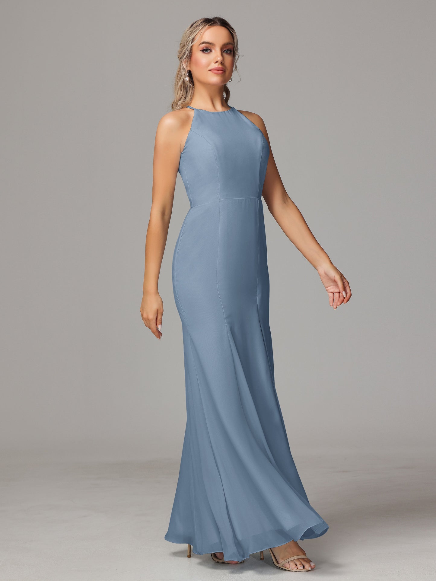 Halter Open Back Chiffon Bridesmaid Dress With Slit