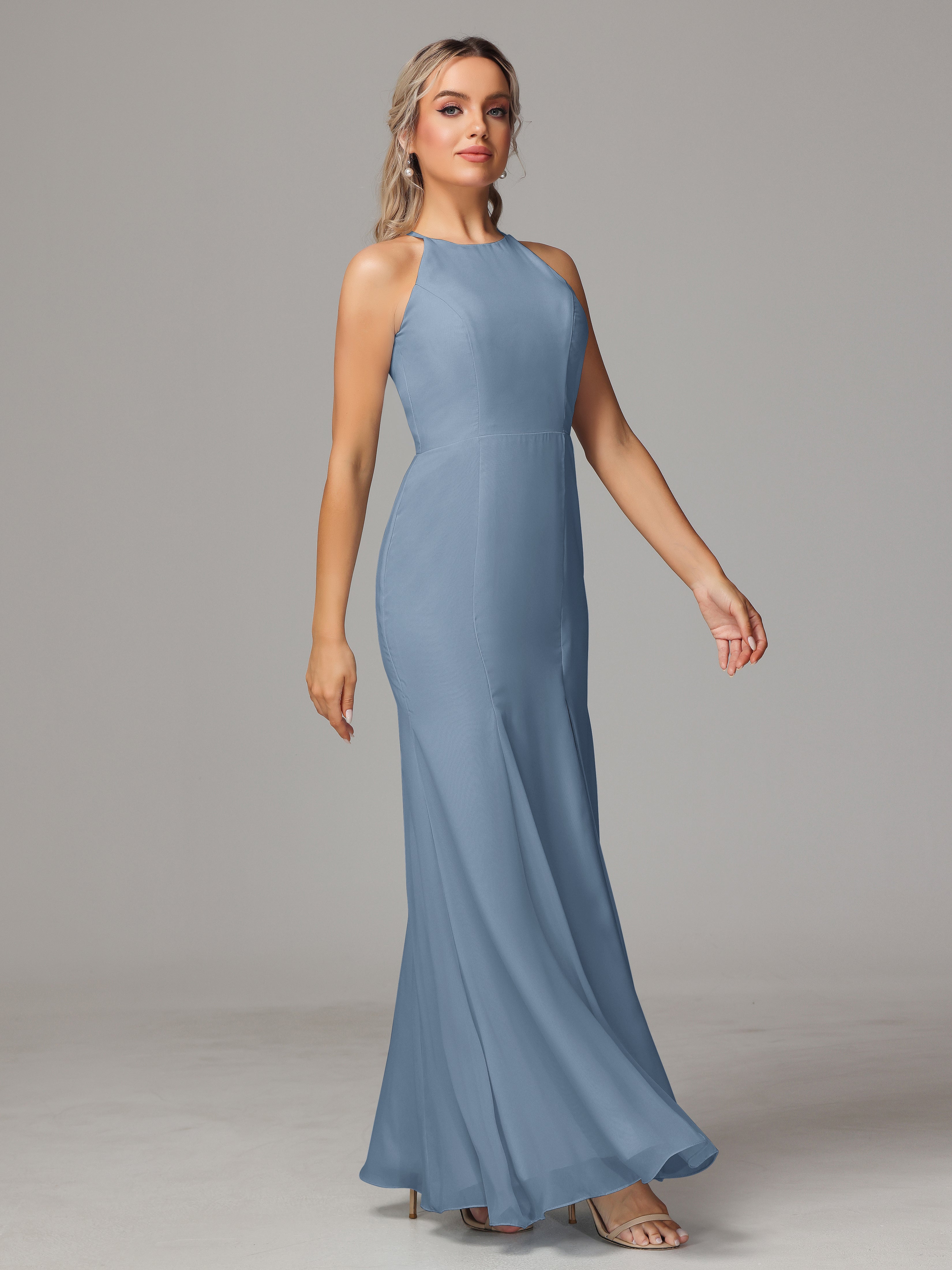 Halter Open Back Chiffon Bridesmaid Dress With Slit