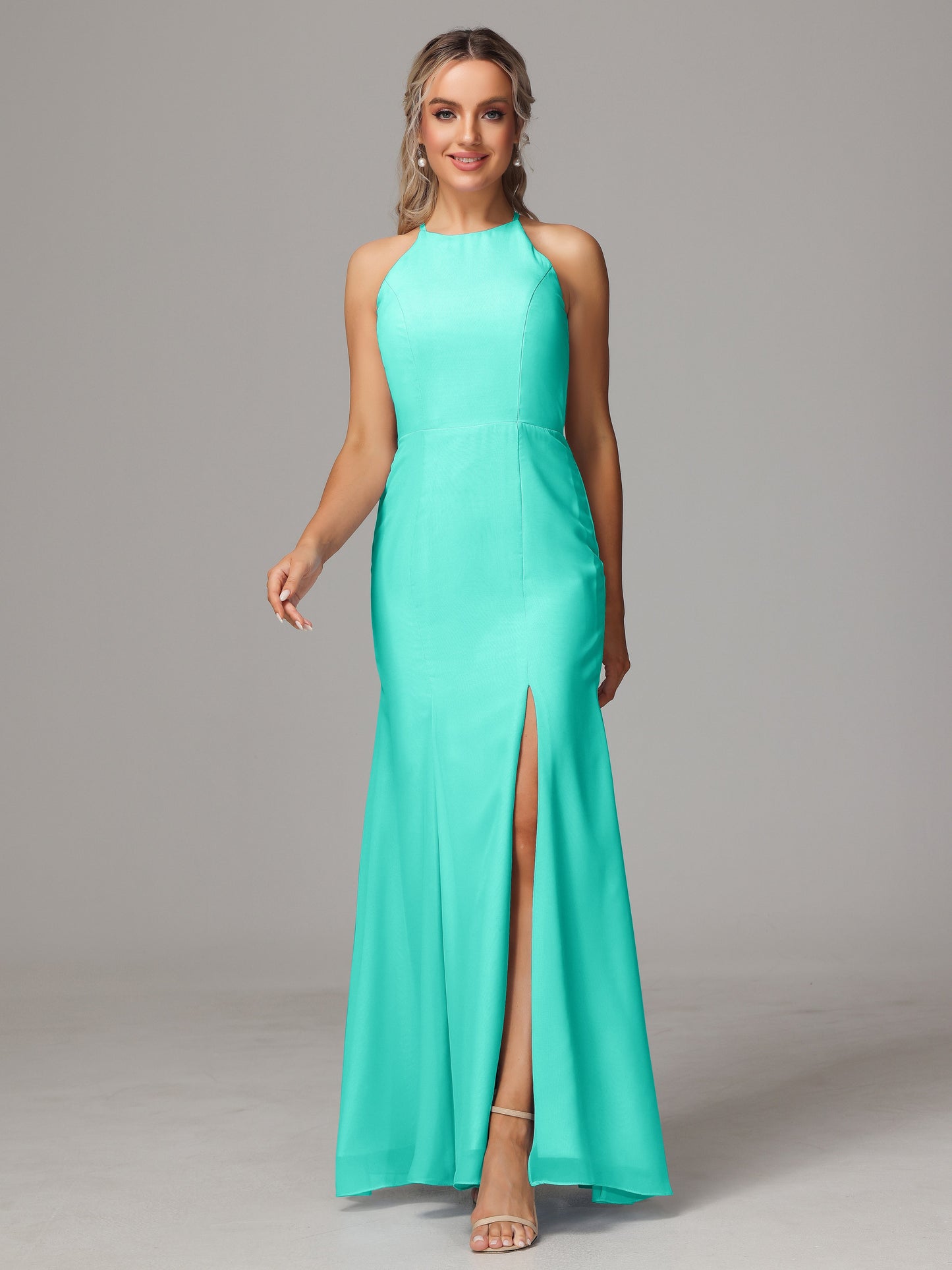 Halter Open Back Chiffon Bridesmaid Dress With Slit
