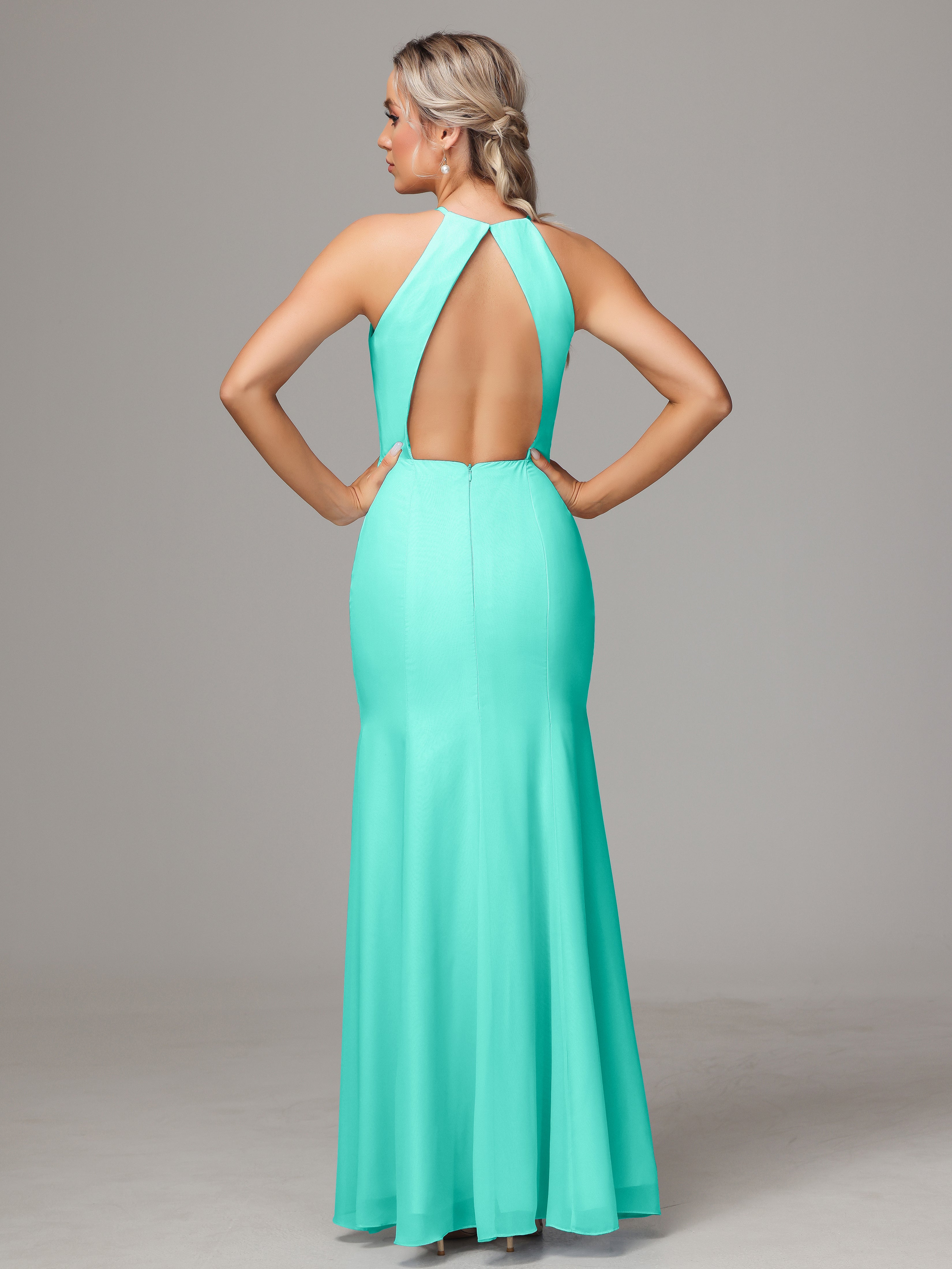 Halter Open Back Chiffon Bridesmaid Dress With Slit