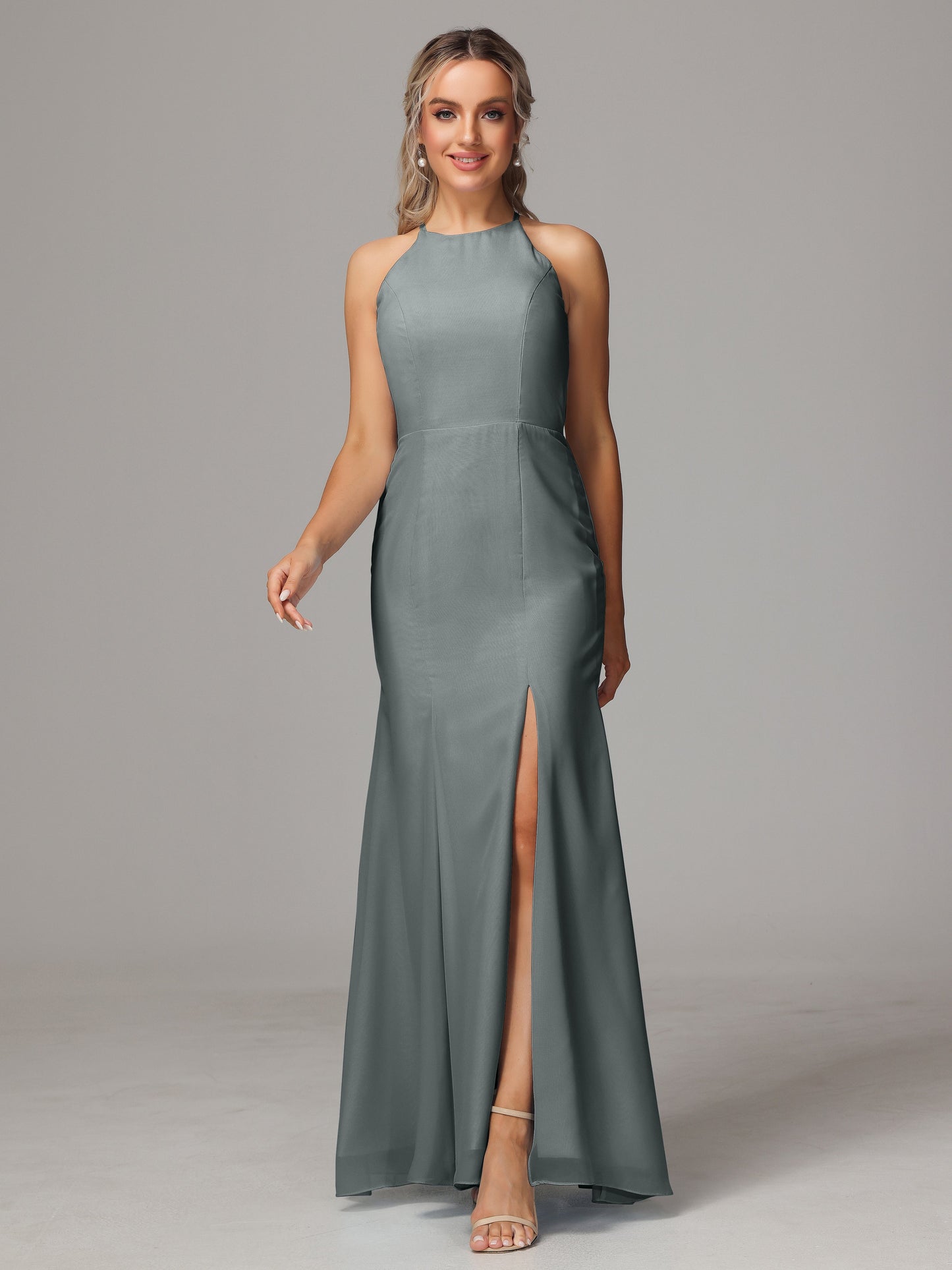 Halter Open Back Chiffon Bridesmaid Dress With Slit