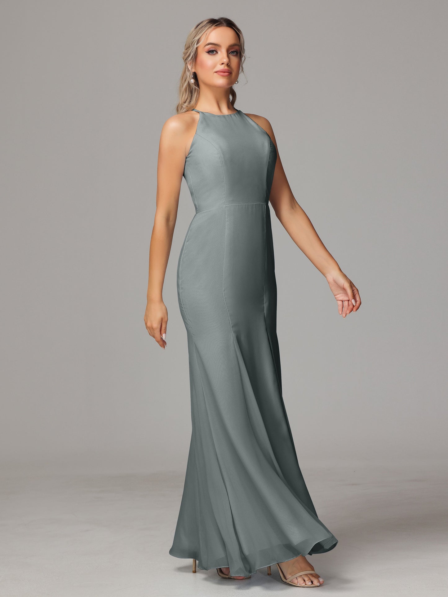 Halter Open Back Chiffon Bridesmaid Dress With Slit