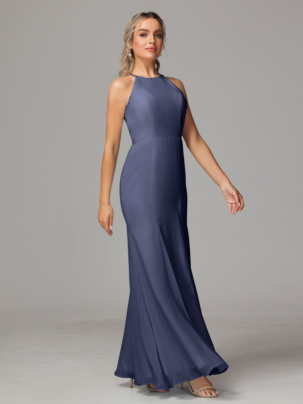 Halter Open Back Chiffon Bridesmaid Dress With Slit