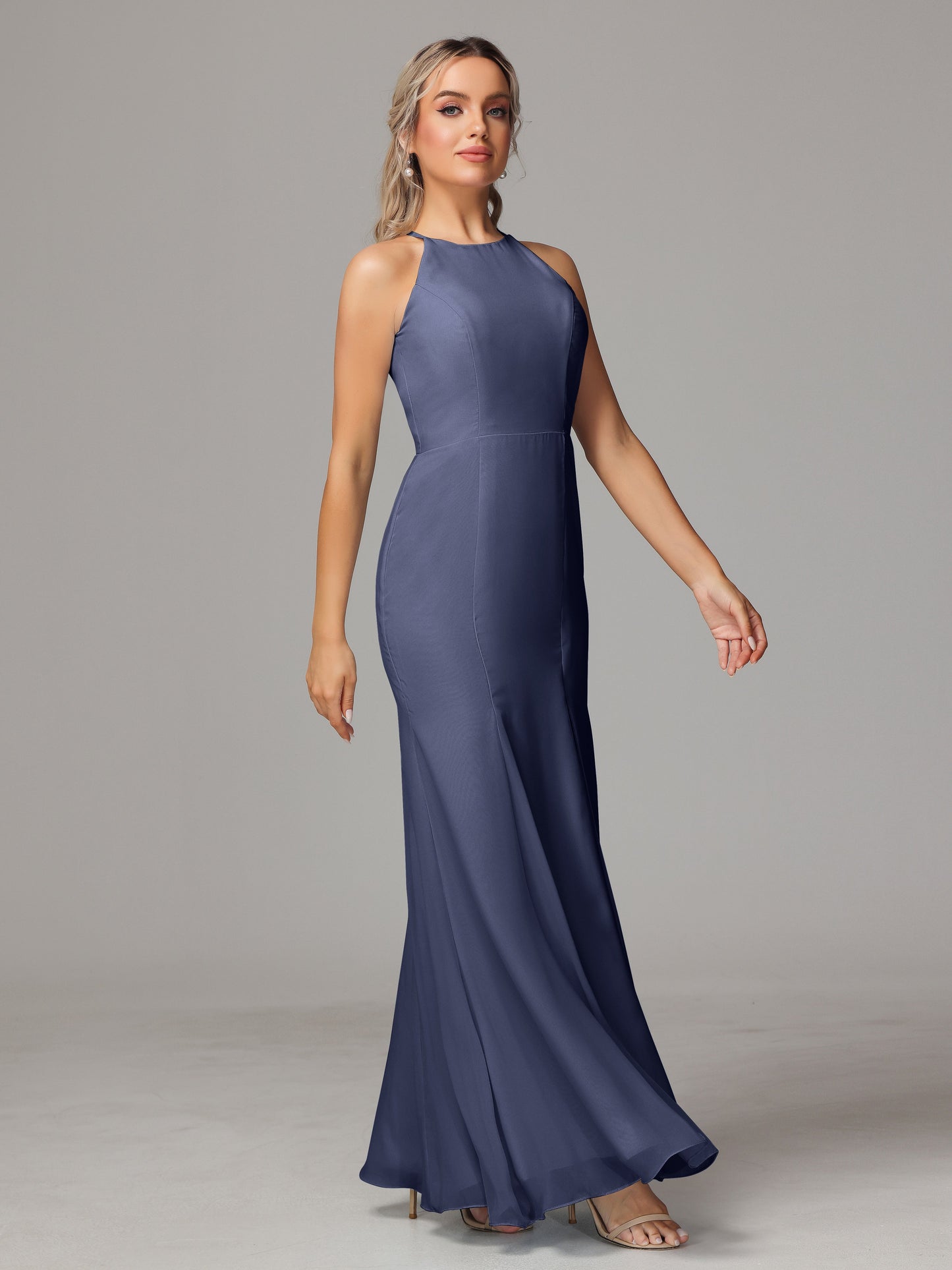Halter Open Back Chiffon Bridesmaid Dress With Slit