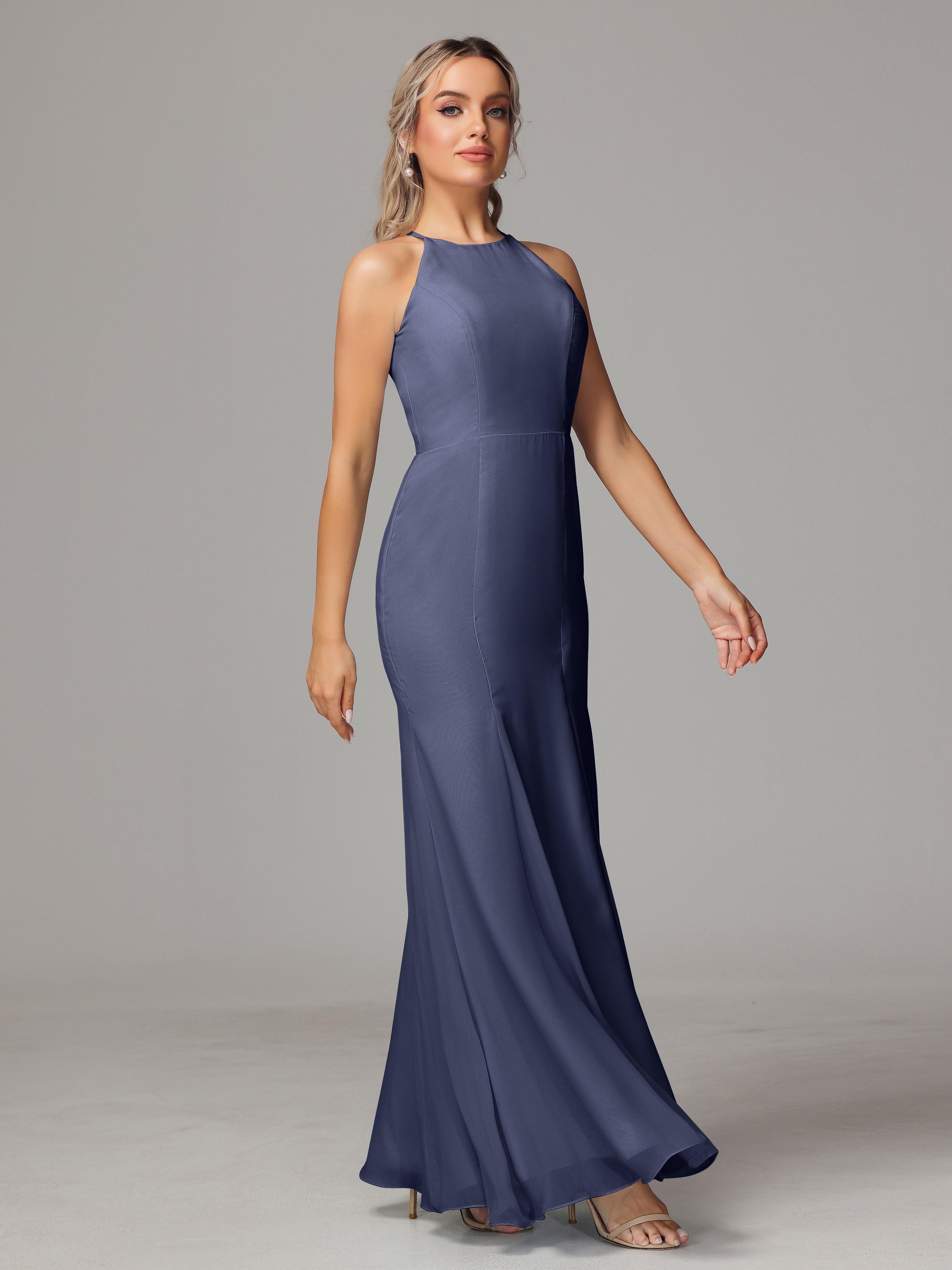 Halter Open Back Chiffon Bridesmaid Dress With Slit