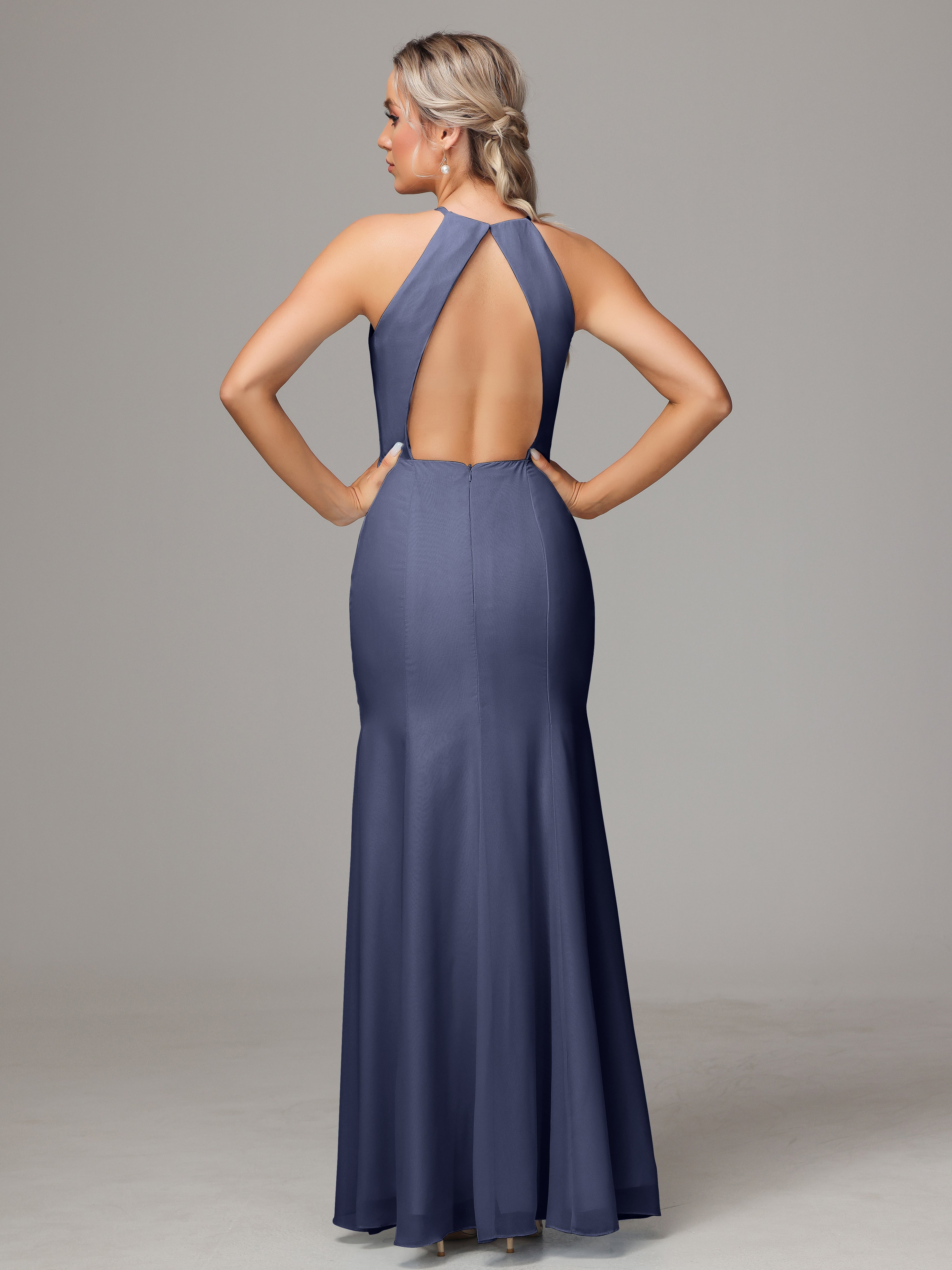 Halter Open Back Chiffon Bridesmaid Dress With Slit