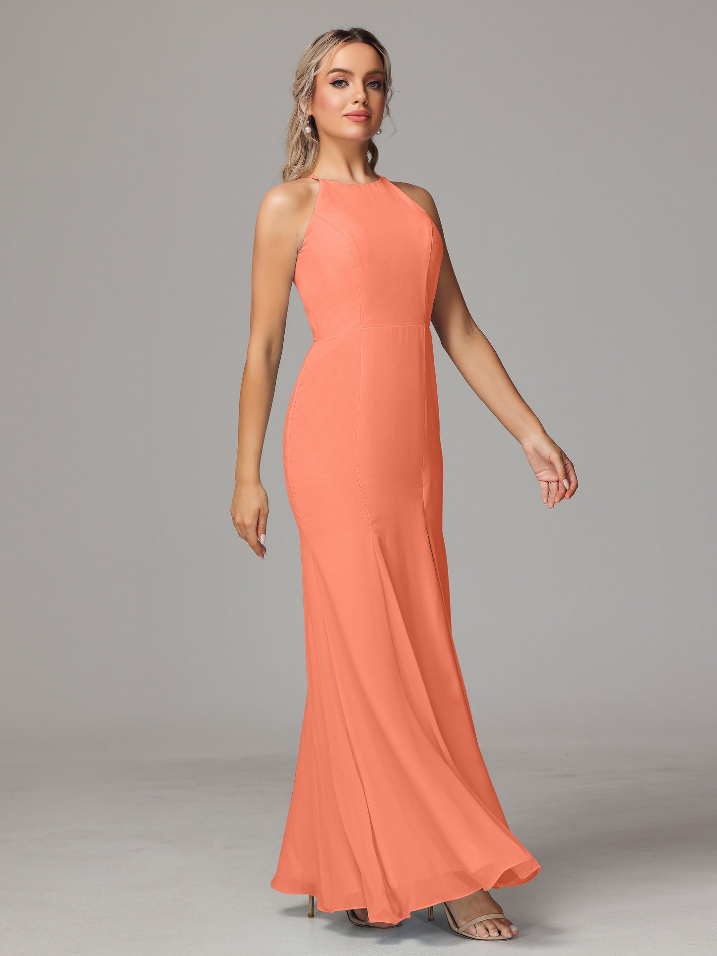 Halter Open Back Chiffon Bridesmaid Dress With Slit