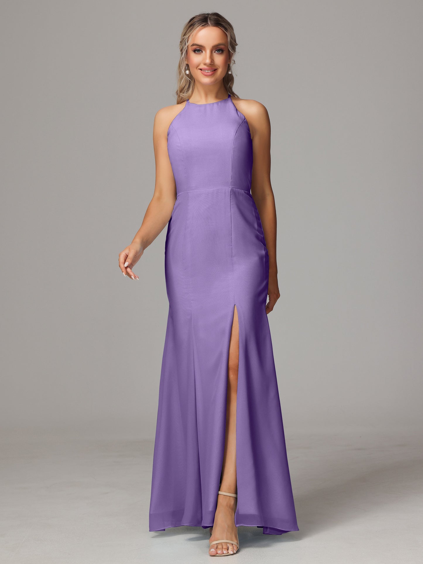 Halter Open Back Chiffon Bridesmaid Dress With Slit