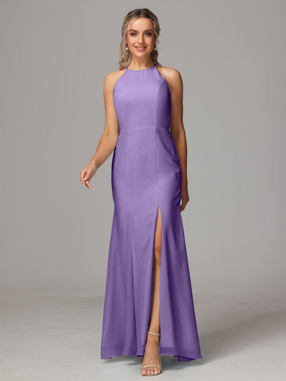 Halter Open Back Chiffon Bridesmaid Dress With Slit