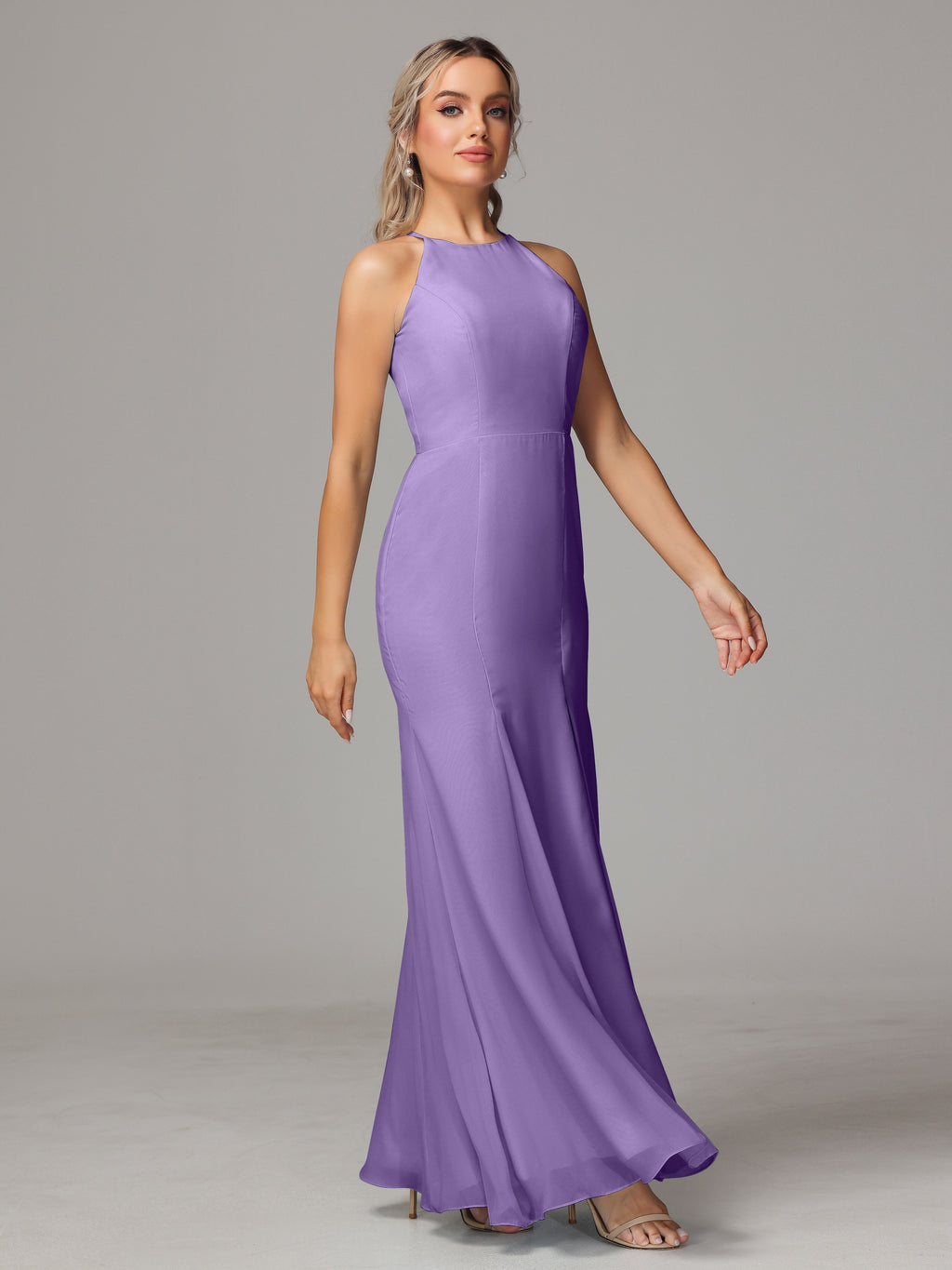 Halter Open Back Chiffon Bridesmaid Dress With Slit