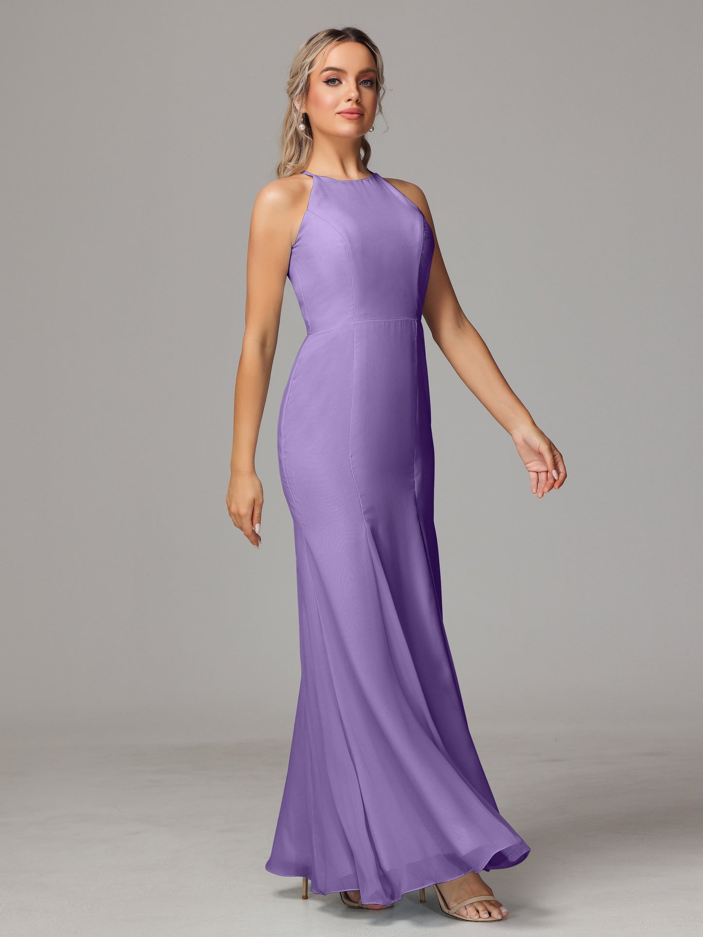 Halter Open Back Chiffon Bridesmaid Dress With Slit