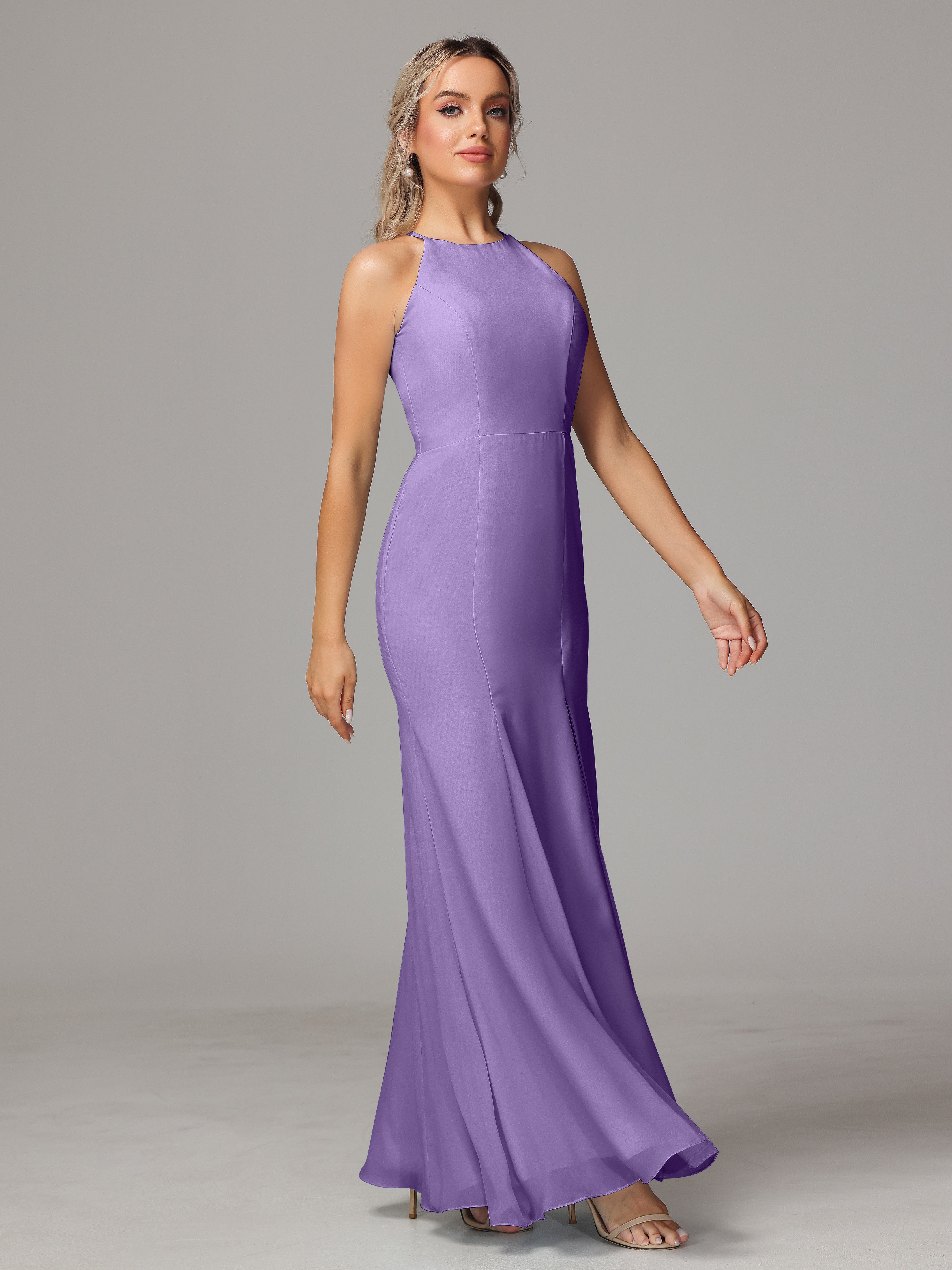 Halter Open Back Chiffon Bridesmaid Dress With Slit