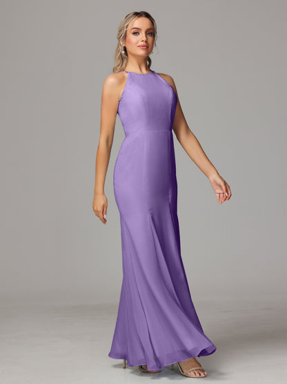 Halter Open Back Chiffon Bridesmaid Dress With Slit