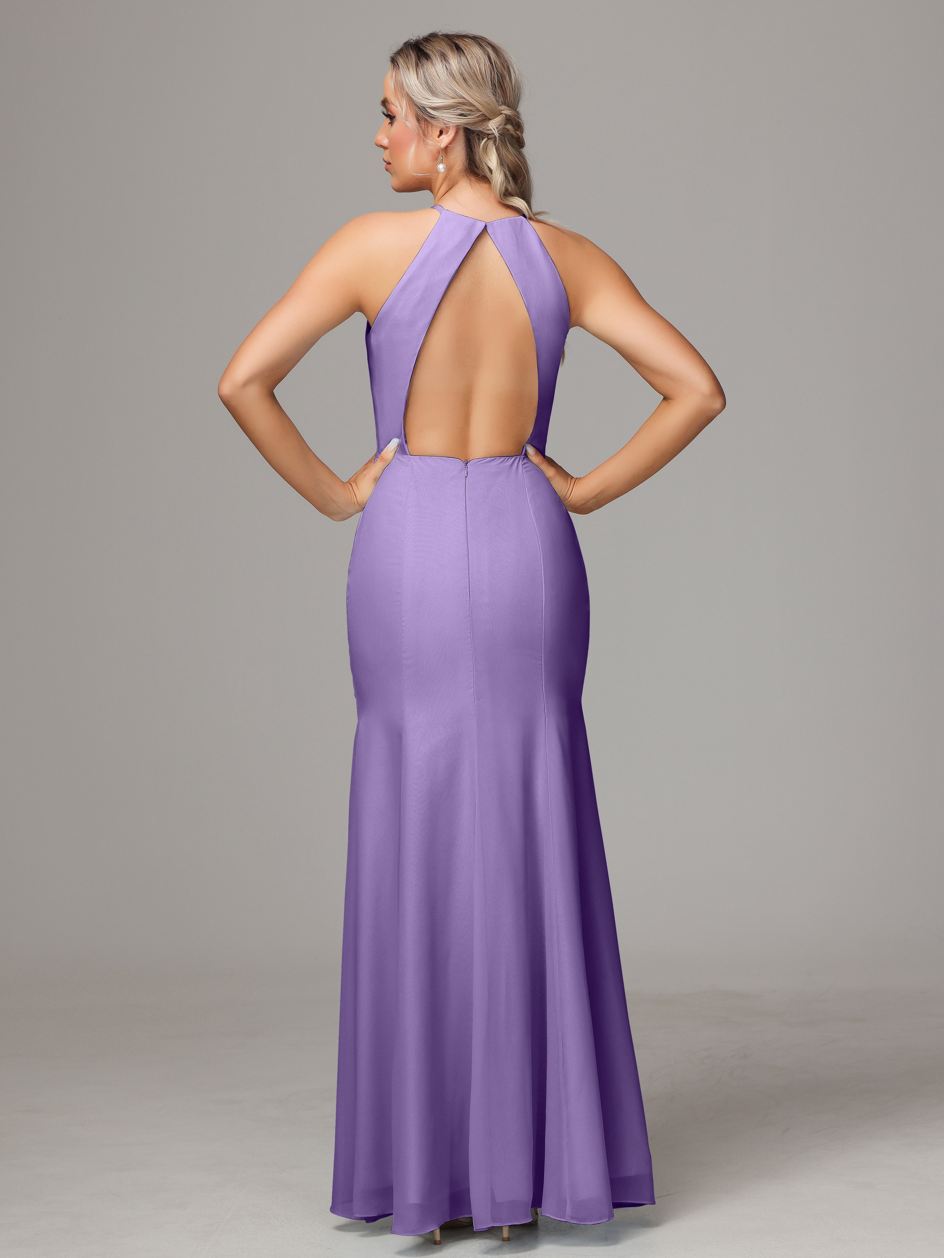 Halter Open Back Chiffon Bridesmaid Dress With Slit
