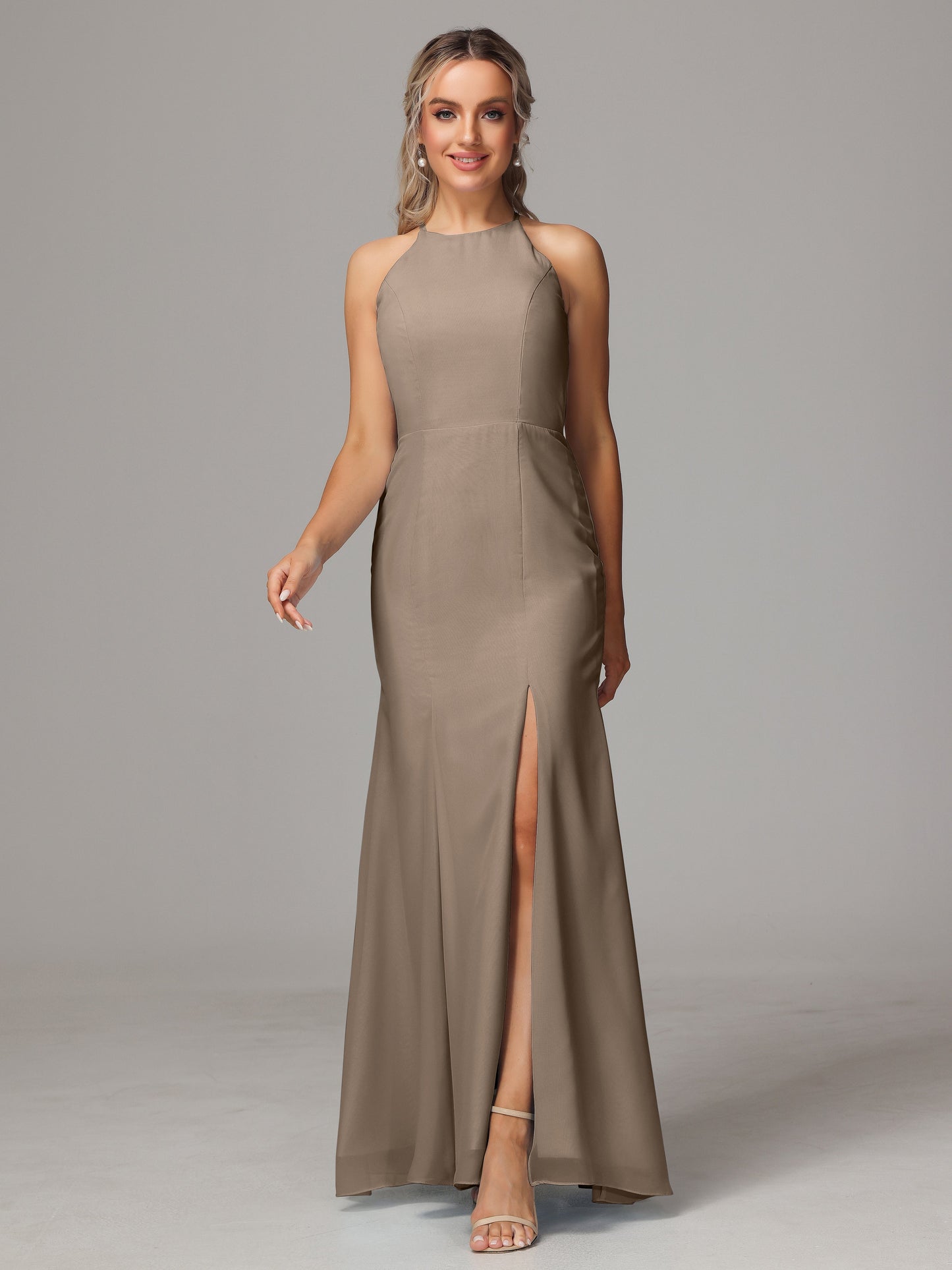 Halter Open Back Chiffon Bridesmaid Dress With Slit