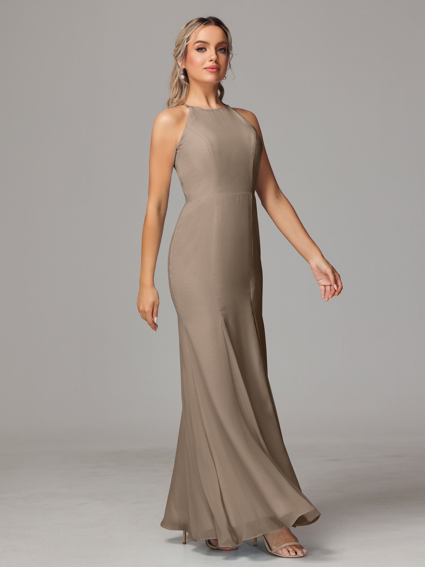 Halter Open Back Chiffon Bridesmaid Dress With Slit