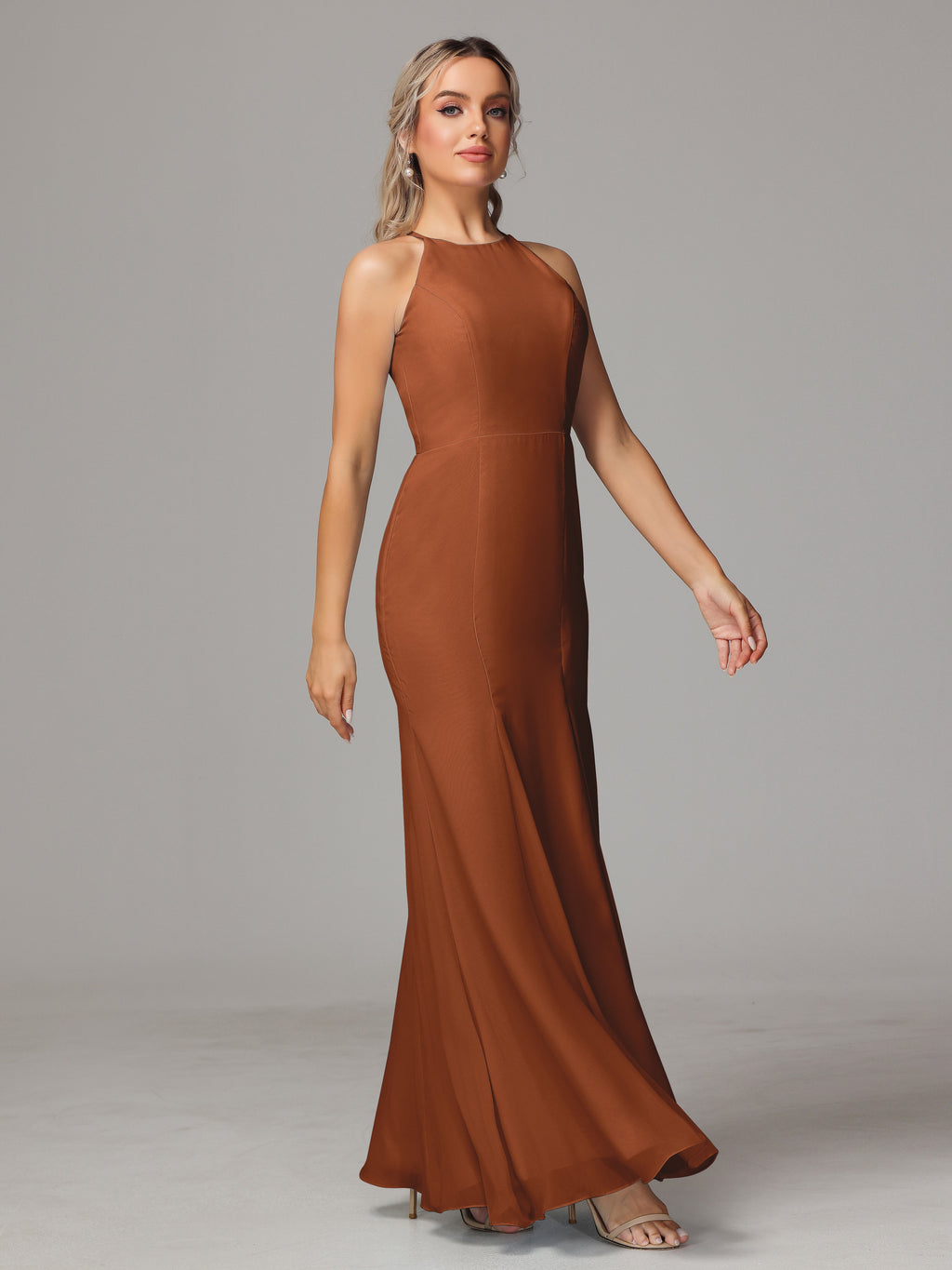Halter Open Back Chiffon Bridesmaid Dress With Slit