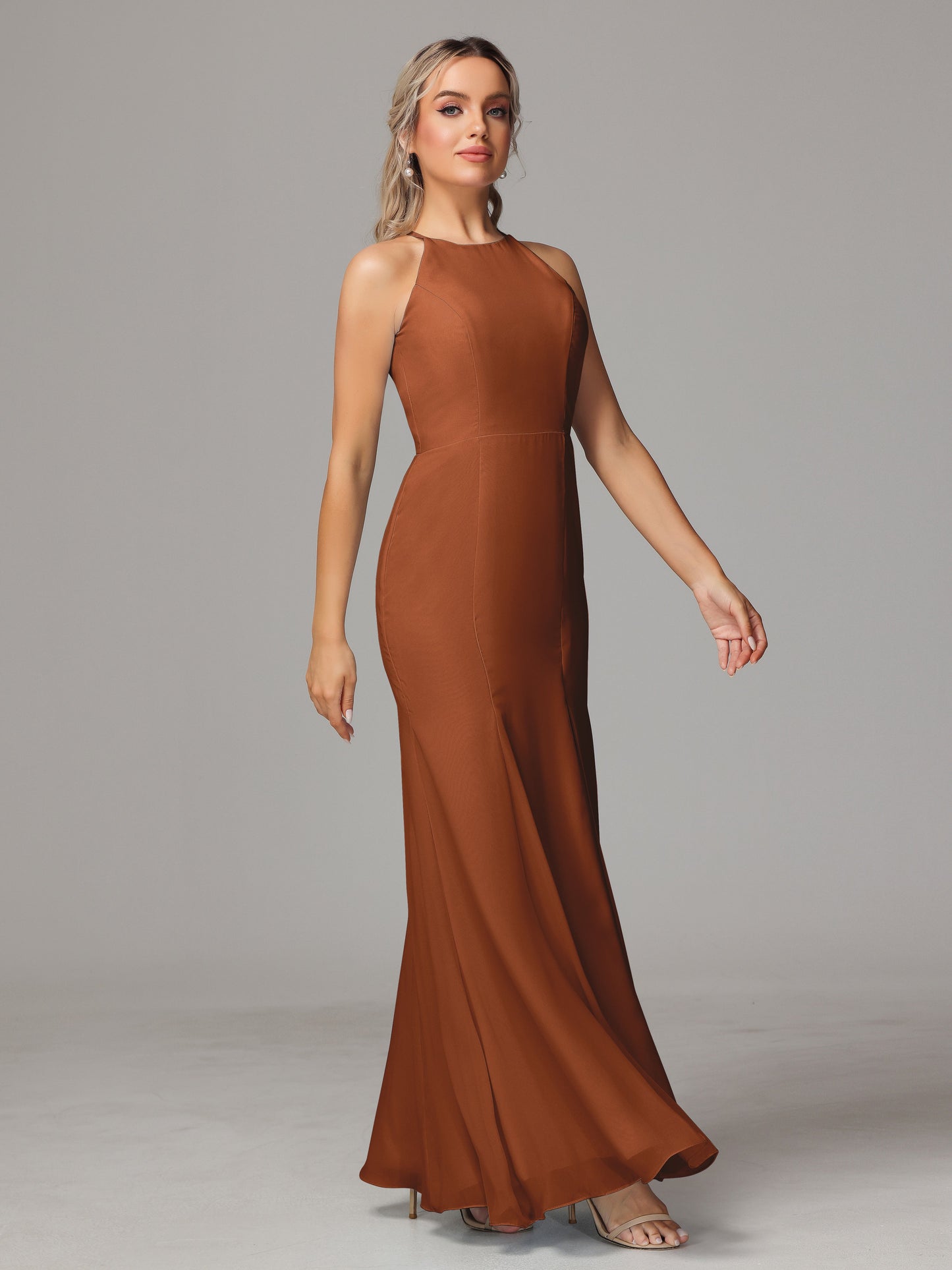 Halter Open Back Chiffon Bridesmaid Dress With Slit