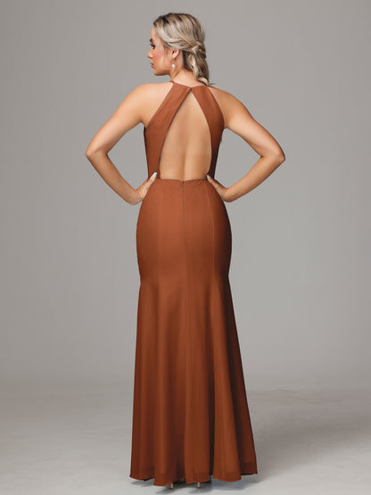 Halter Open Back Chiffon Bridesmaid Dress With Slit