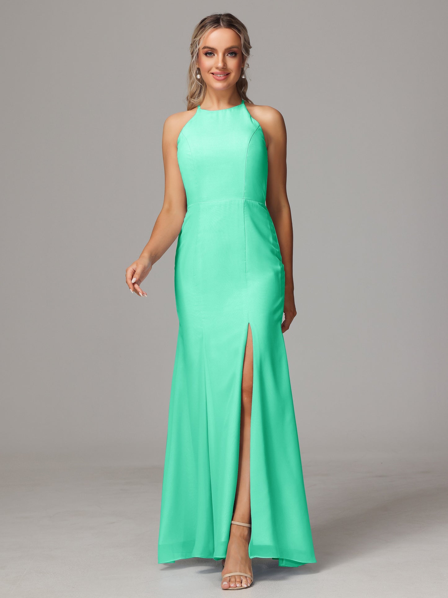 Halter Open Back Chiffon Bridesmaid Dress With Slit