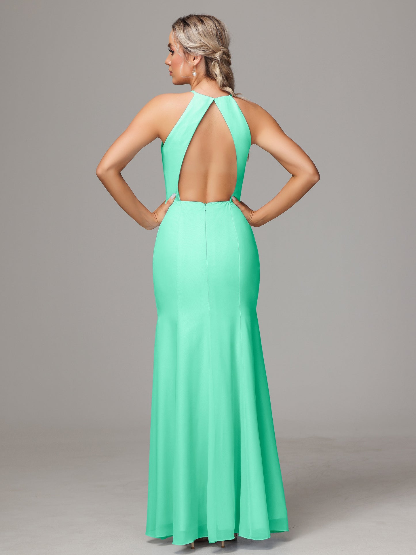 Halter Open Back Chiffon Bridesmaid Dress With Slit