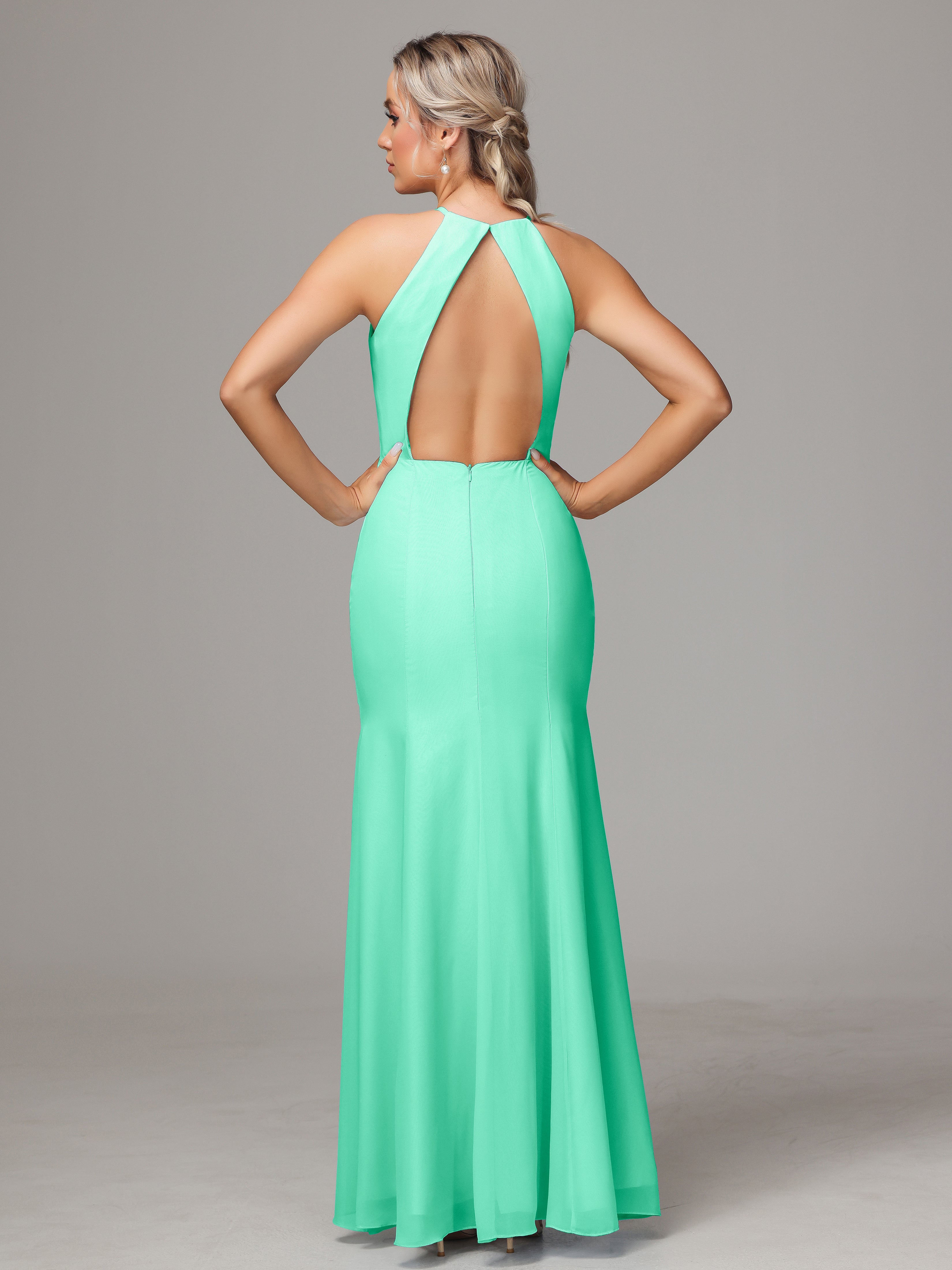 Halter Open Back Chiffon Bridesmaid Dress With Slit