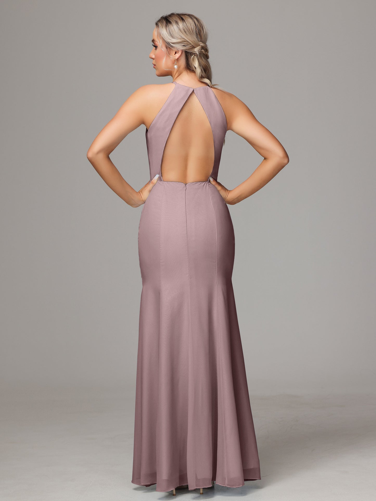 Halter Open Back Chiffon Bridesmaid Dress With Slit