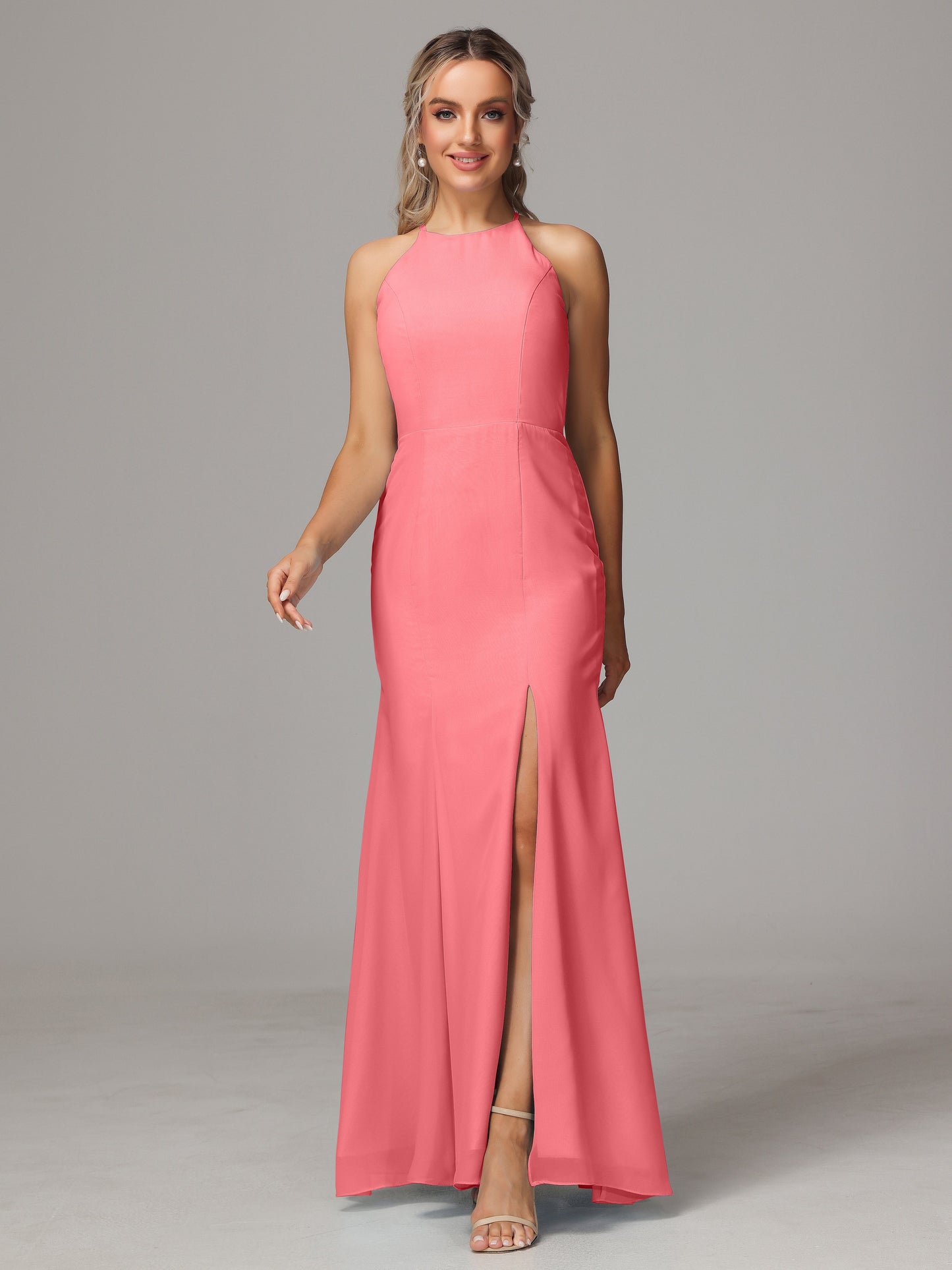 Halter Open Back Chiffon Bridesmaid Dress With Slit