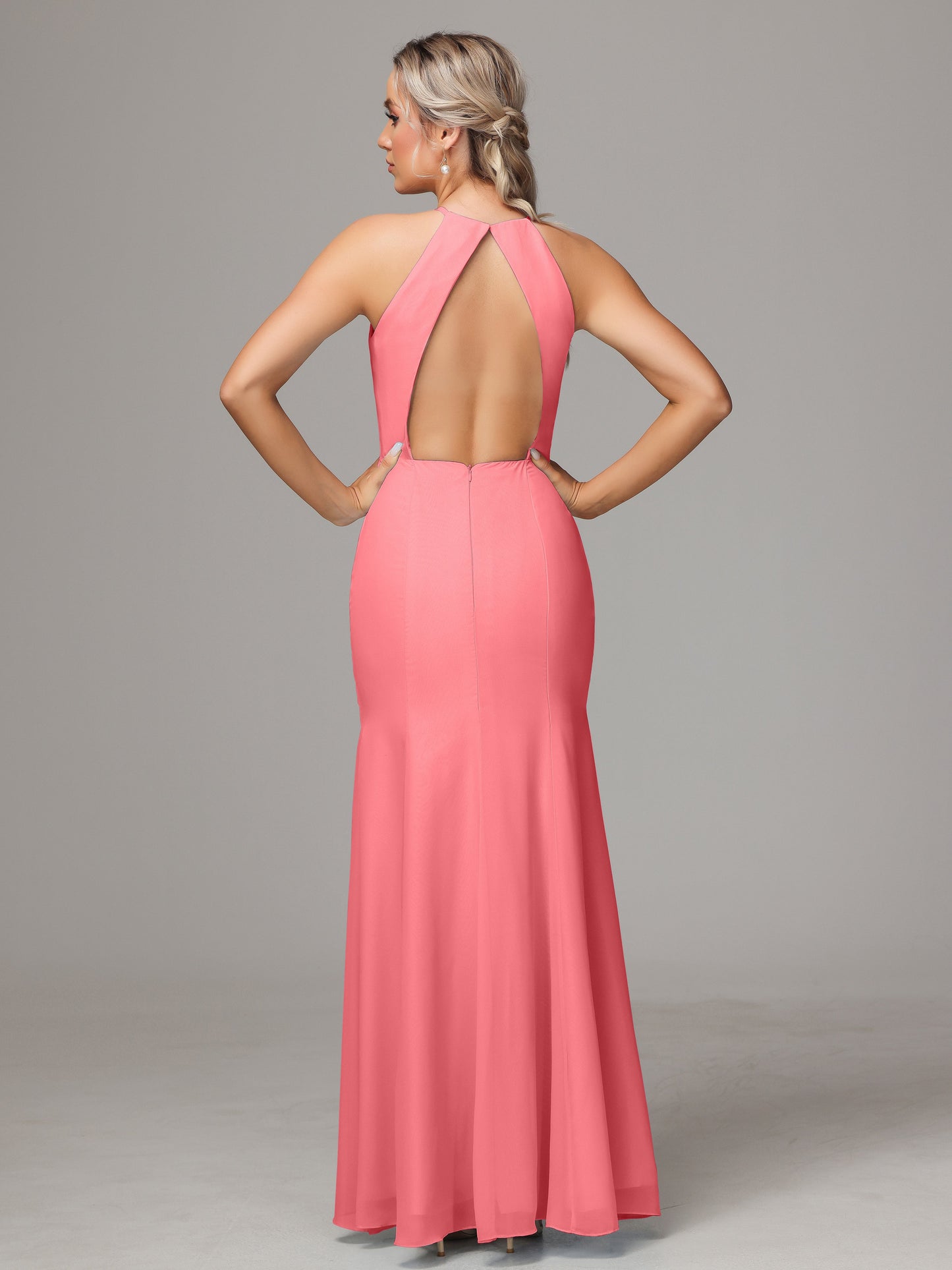Halter Open Back Chiffon Bridesmaid Dress With Slit