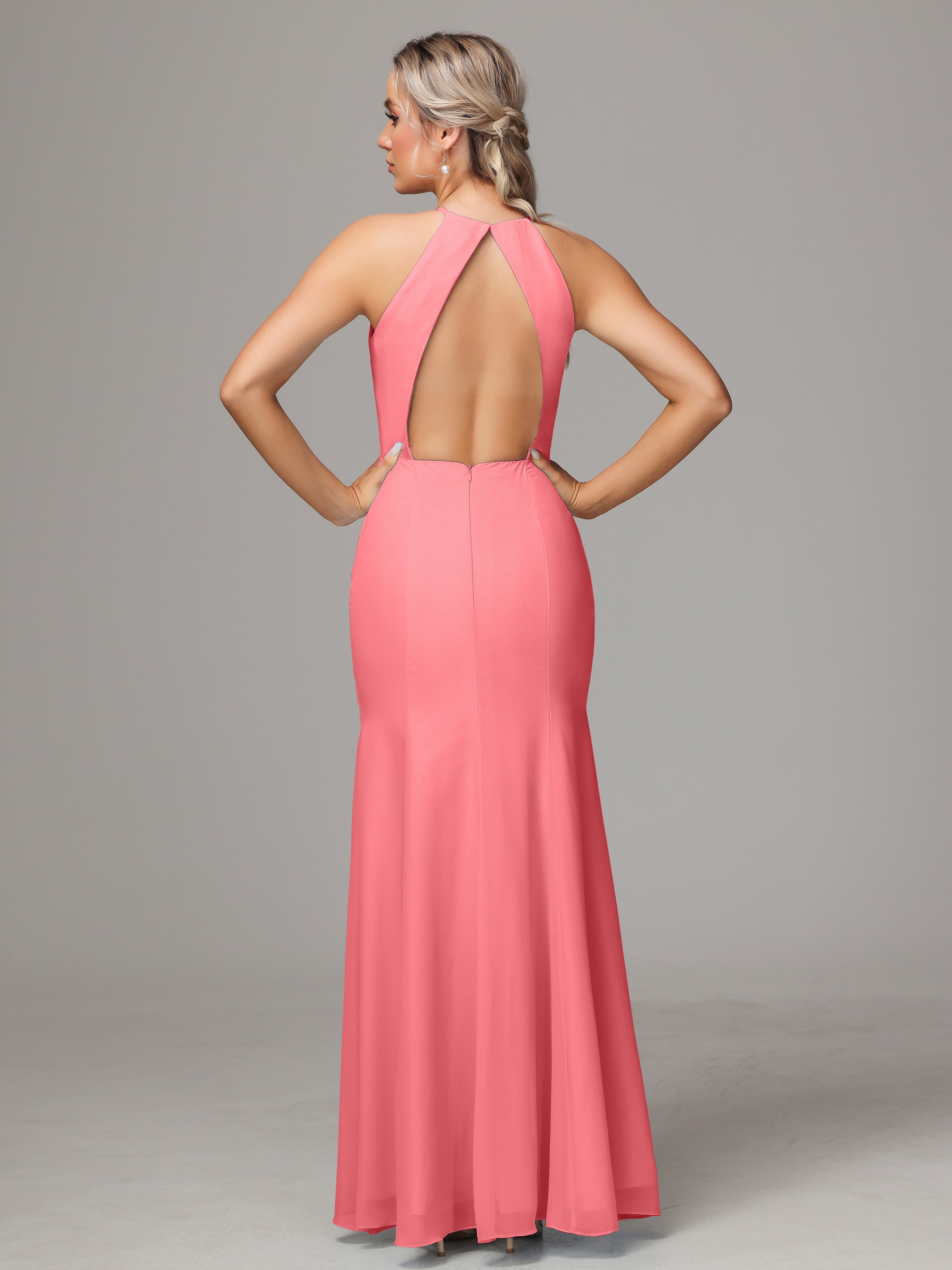 Halter Open Back Chiffon Bridesmaid Dress With Slit