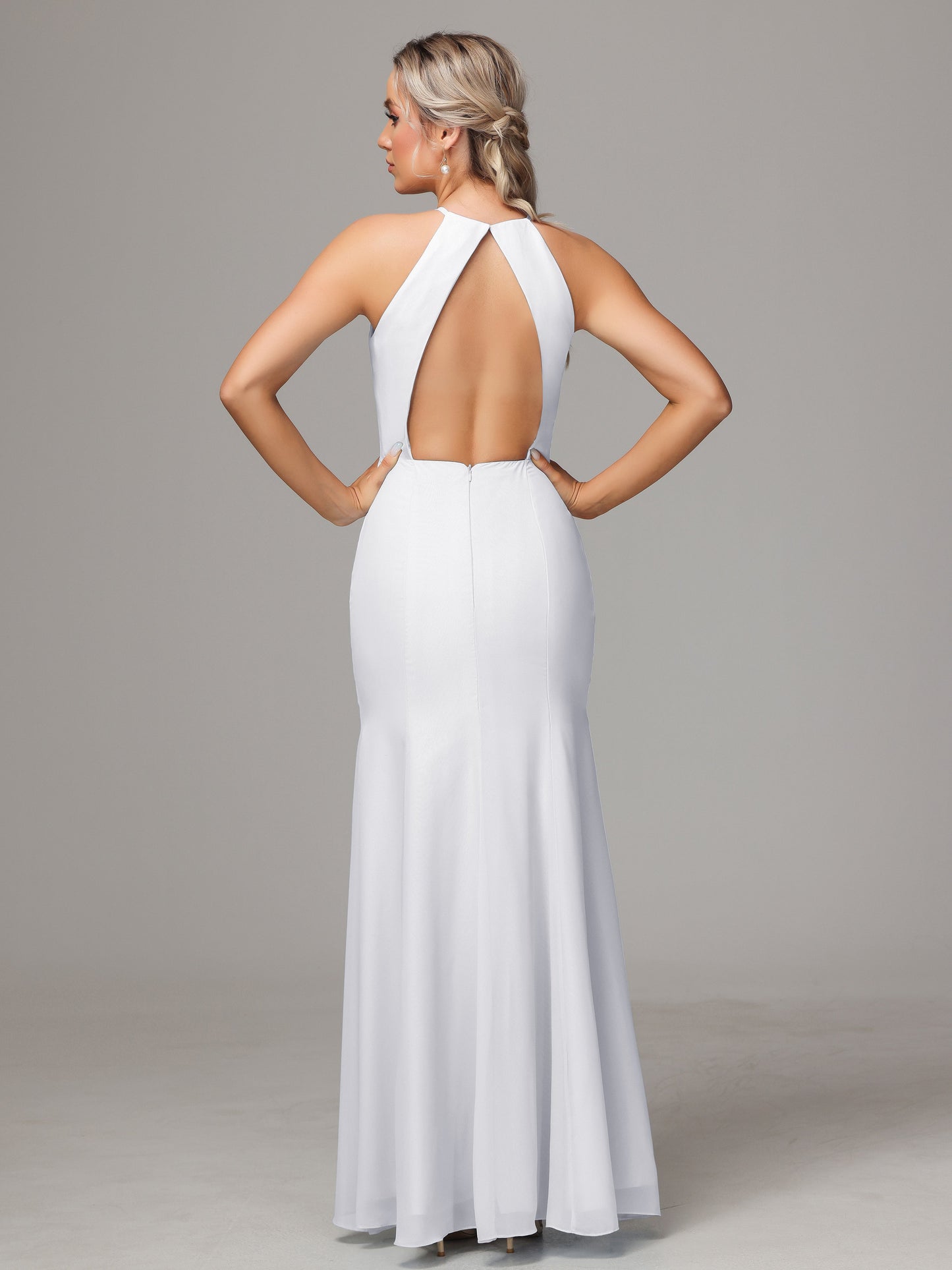 Halter Open Back Chiffon Bridesmaid Dress With Slit