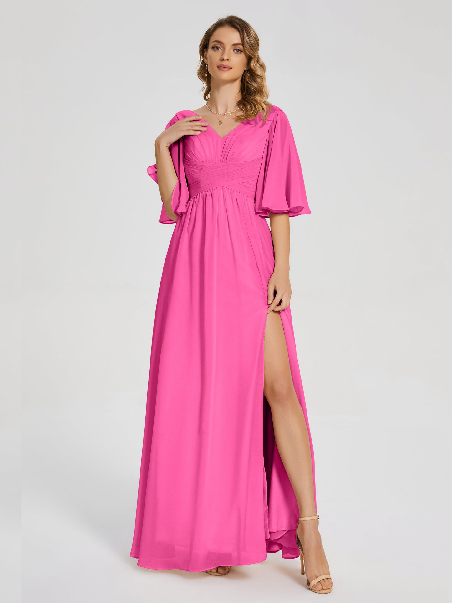 Amina Half Sleeves V-neck Chiffon Bridesmaid Dress