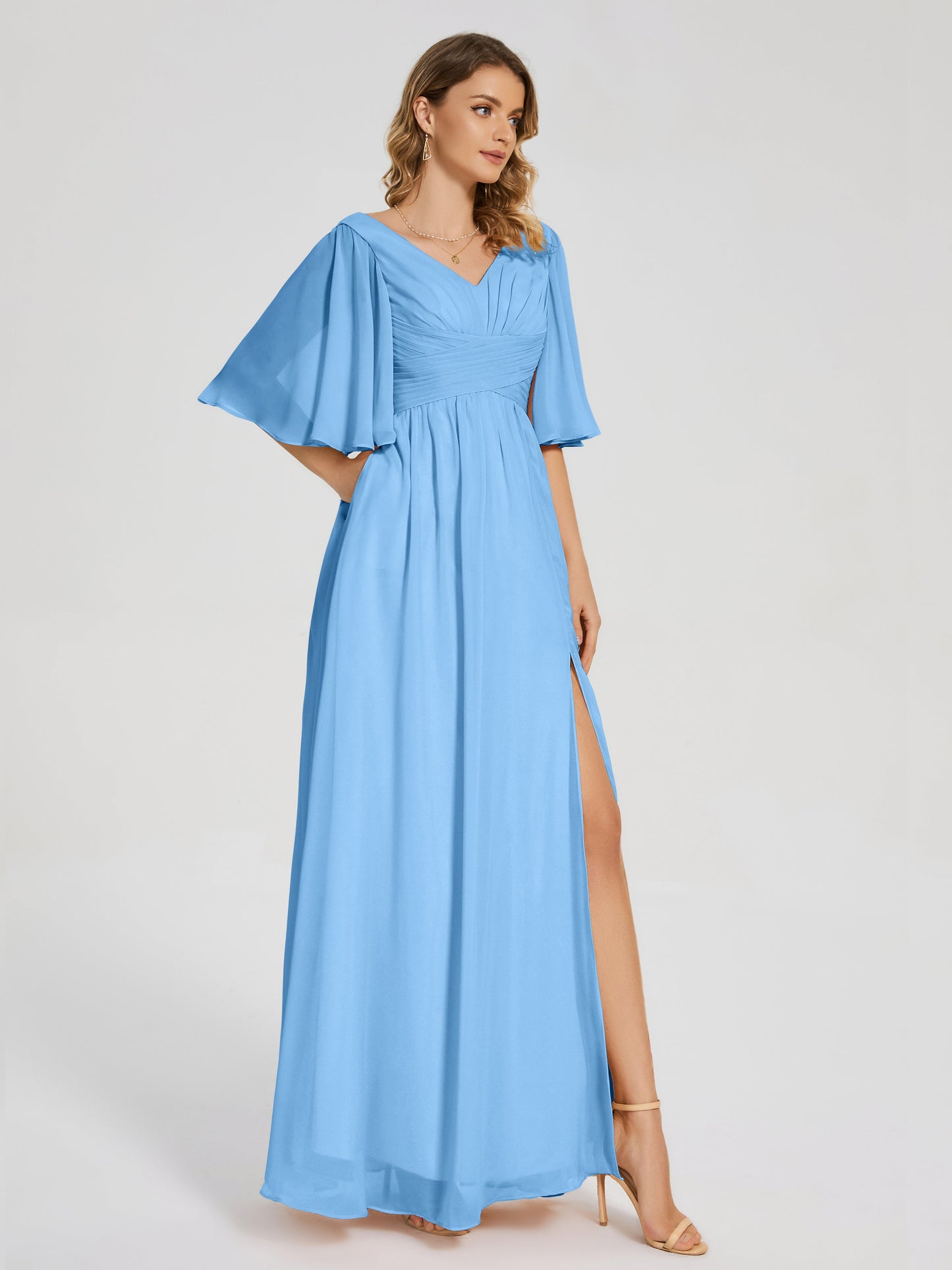 Amina Half Sleeves V-neck Chiffon Bridesmaid Dress