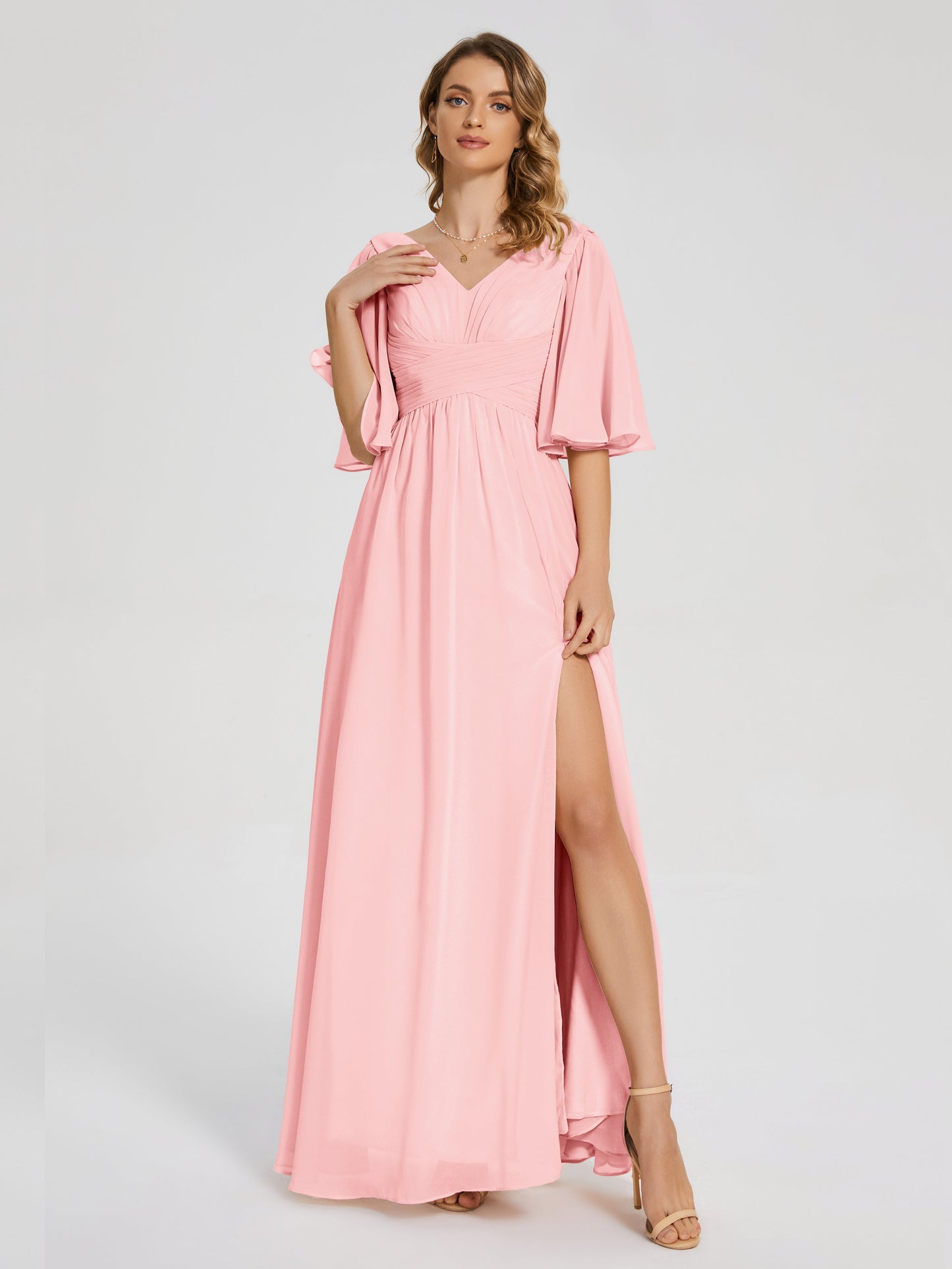 Amina Half Sleeves V-neck Chiffon Bridesmaid Dress