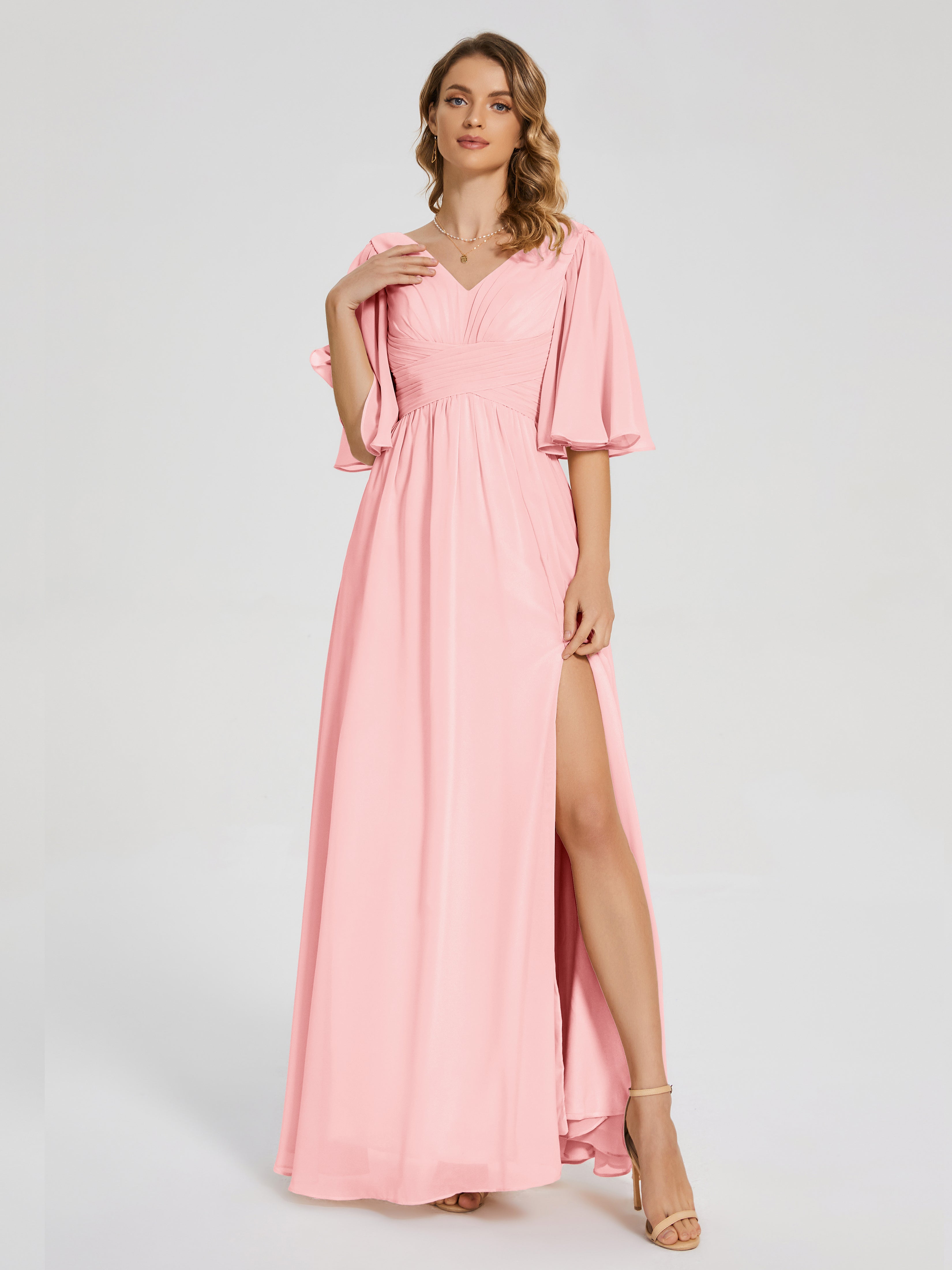 Amina Half Sleeves V-neck Chiffon Bridesmaid Dress
