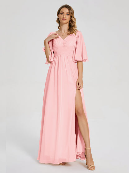 Amina Half Sleeves V-neck Chiffon Bridesmaid Dress