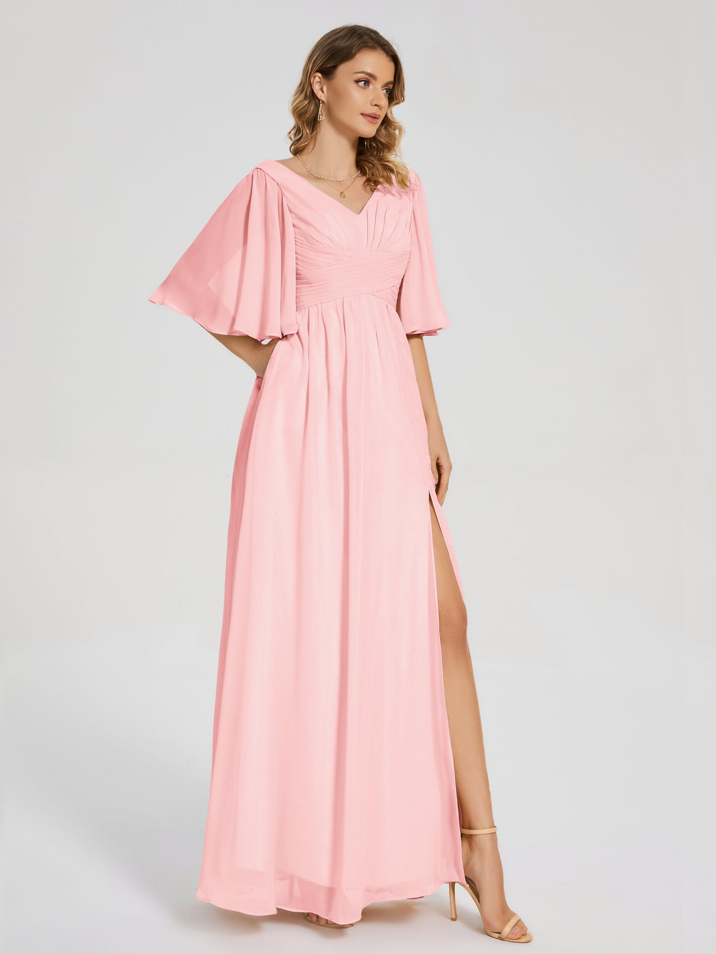 Amina Half Sleeves V-neck Chiffon Bridesmaid Dress