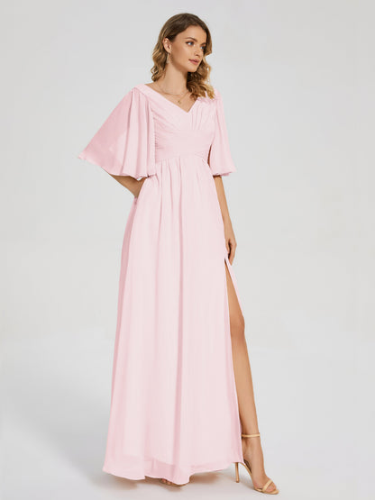 Amina Half Sleeves V-neck Chiffon Bridesmaid Dress