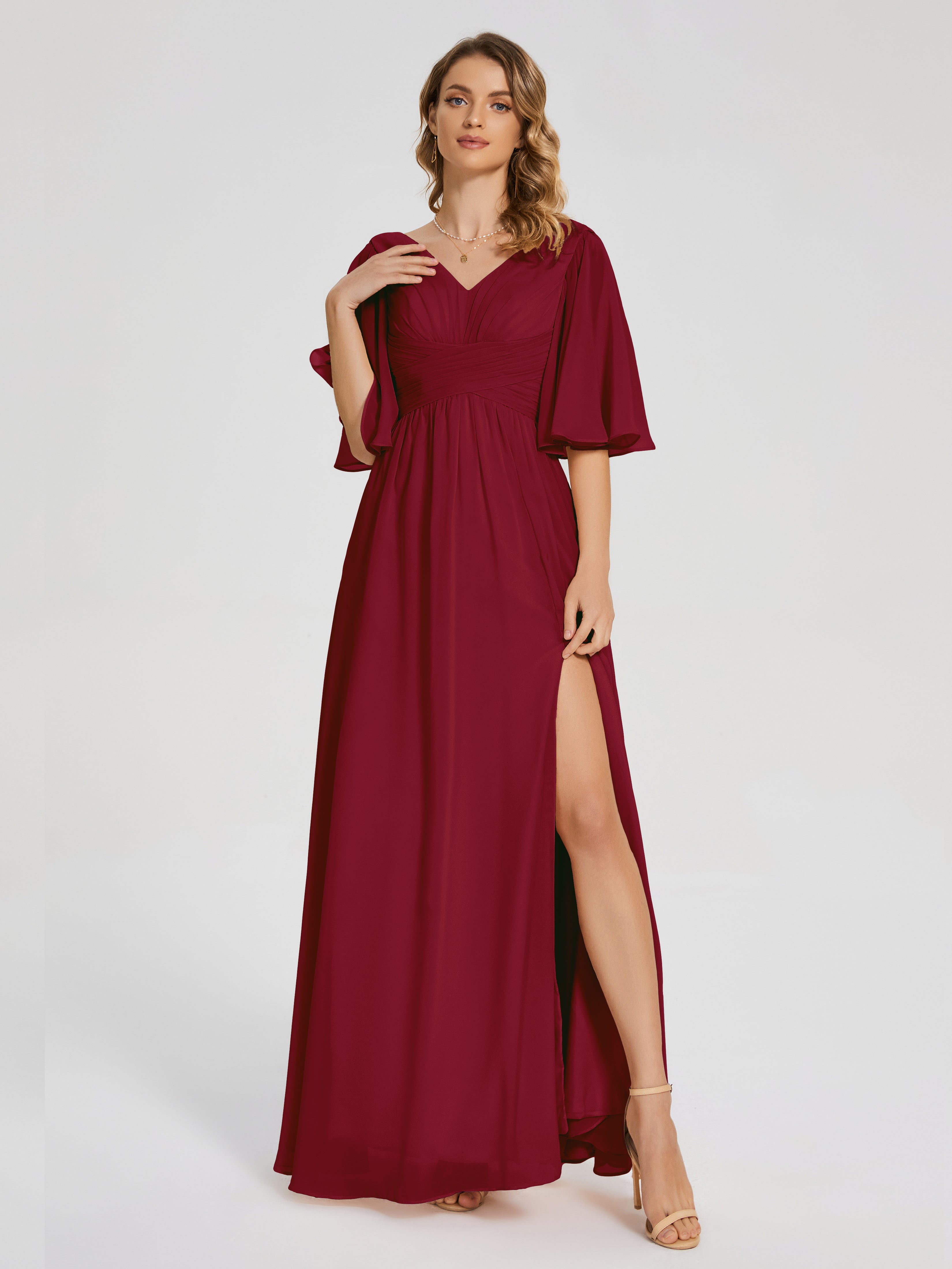 Amina Half Sleeves V-neck Chiffon Bridesmaid Dress