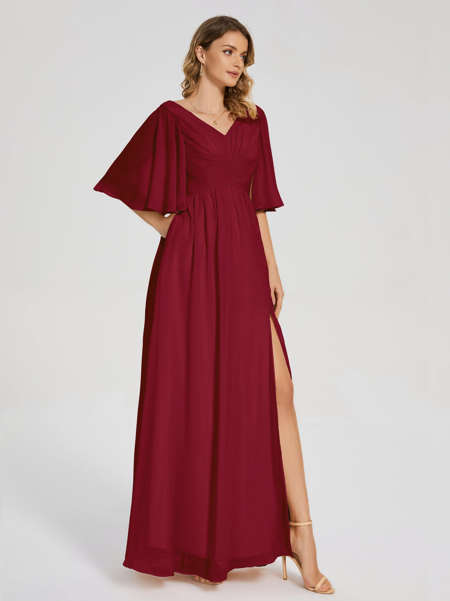 Amina Half Sleeves V-neck Chiffon Bridesmaid Dress