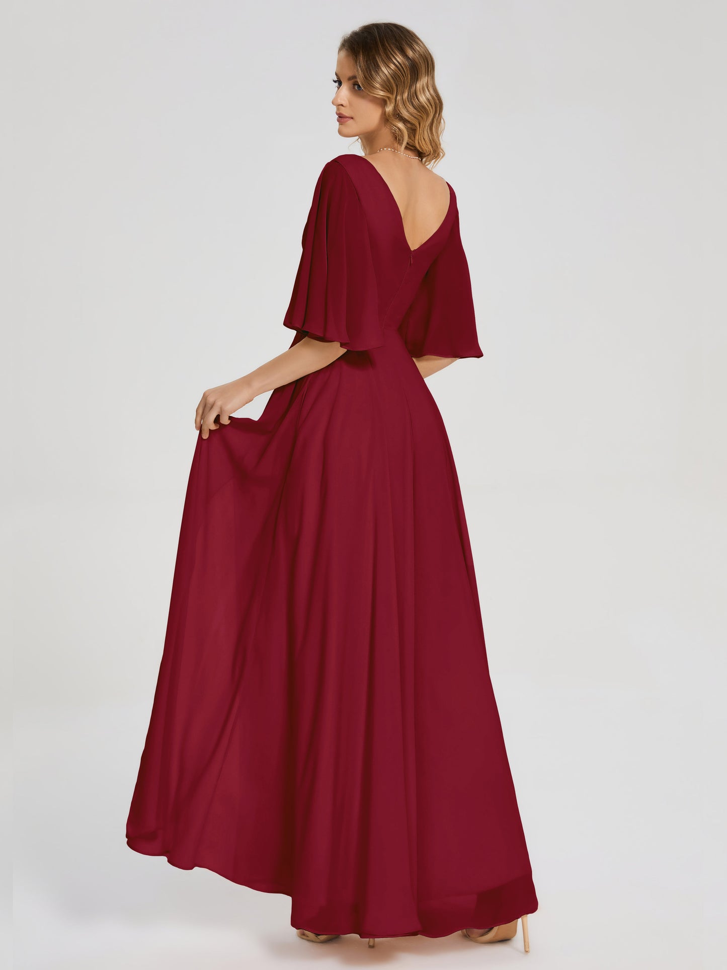 Amina Half Sleeves V-neck Chiffon Bridesmaid Dress