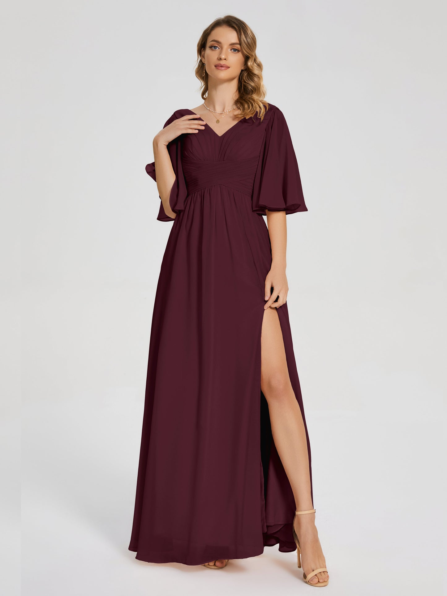 Amina Half Sleeves V-neck Chiffon Bridesmaid Dress