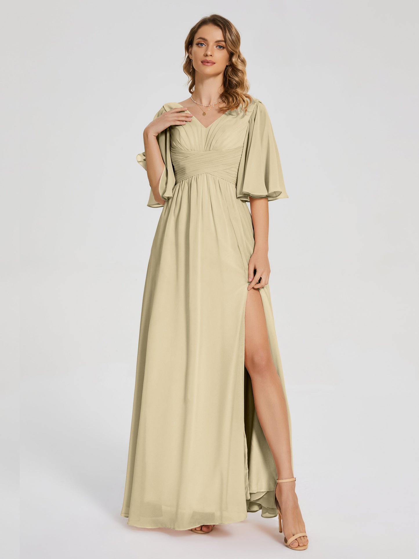 Amina Half Sleeves V-neck Chiffon Bridesmaid Dress