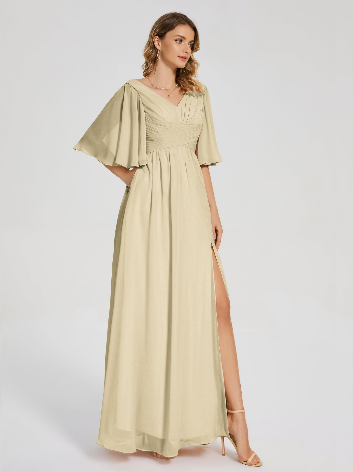 Amina Half Sleeves V-neck Chiffon Bridesmaid Dress