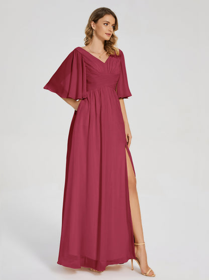 Amina Half Sleeves V-neck Chiffon Bridesmaid Dress